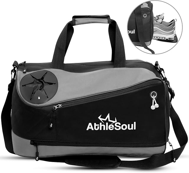 AthleSoul Sports Duffle Gym Bag- (All in One) Unique Bottle Holder/Earphone Outlet/Wet Pocket/Shoe Compartment- Duffel Kit Bag, Football Swimming Travel Shoulder Holdall for Women & Men (Small/Medium)