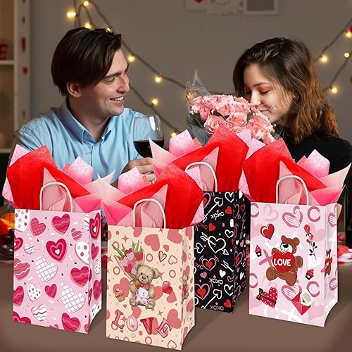 Miniatura 6 de 36 bolsas de regalo para el día de San Valentín con 48 hojas de papel de seda rojo y rosa, bolsas de golosinas, bolsas de dulces de San Valentín,