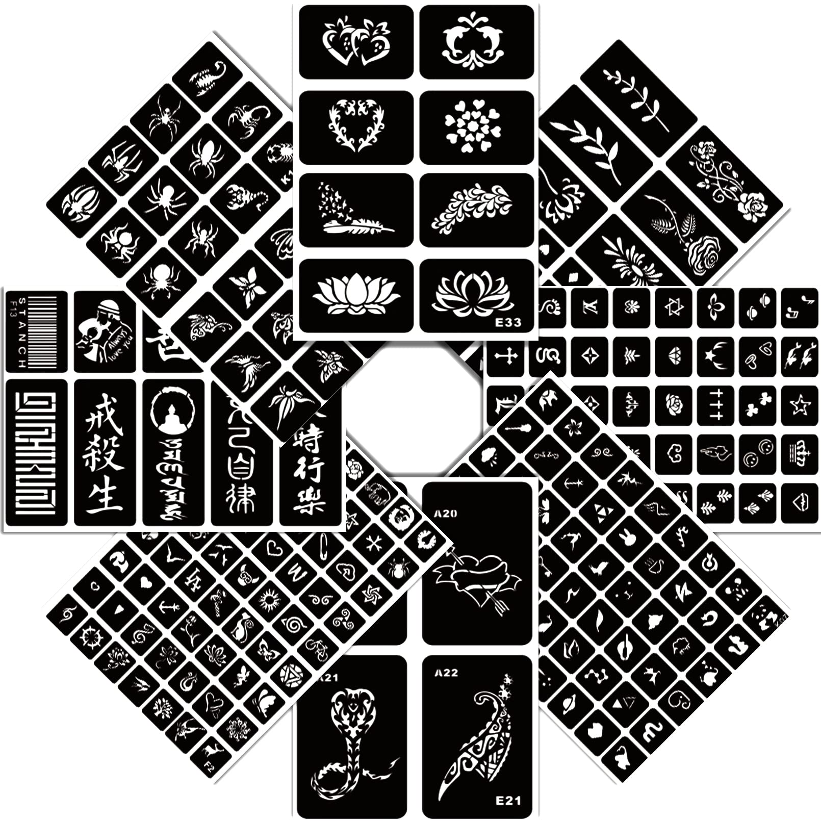 Aresvns 200 Pattern Designs India Henna Stencil Set for Women, for Finger, Hands, Body Painting, Set of 8 DIY Air Brush Temporary Tattoo Stencils for Girls