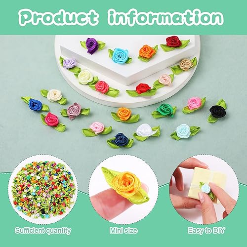 Miniatura 6 de 500 unidades de mini rosas multicolor de satén para manualidades, lazos de rosas pequeñas de satén de 0.59 pulgadas, pequeñas flores de tela