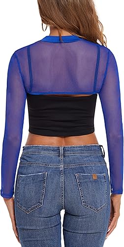 Miniatura 6 de Avidlove Camiseta corta de malla para mujer, cuello alto falso, manga larga, transparente, sexy, ropa de club