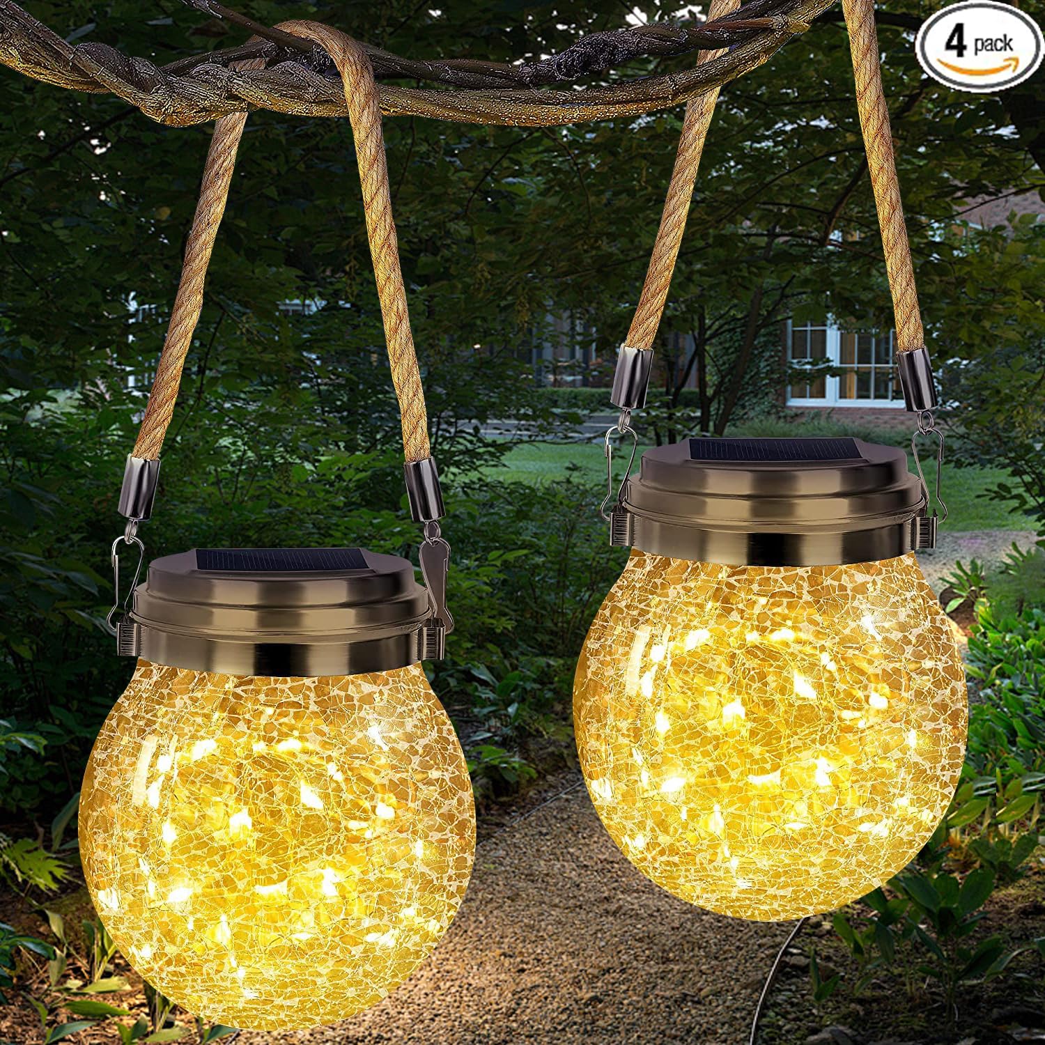 Solar Lantern Crackle Glass Ball, 4 Pack Garden Hanging Solar Lights Outdoor Waterproof Lanterns with 30 Warm White LED for Outdoor Decor Patio Yard Lawn Pathway