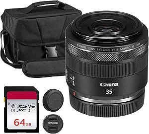 Canon RF 35mm f/1.8 Macro is STM Lens – Compact Wide-Angle Prime with f/1.8 Aperture, Image Stabilization & 1:2 Macro Focus (2973C002) + Shoulder Bag + 64GB Memory Card