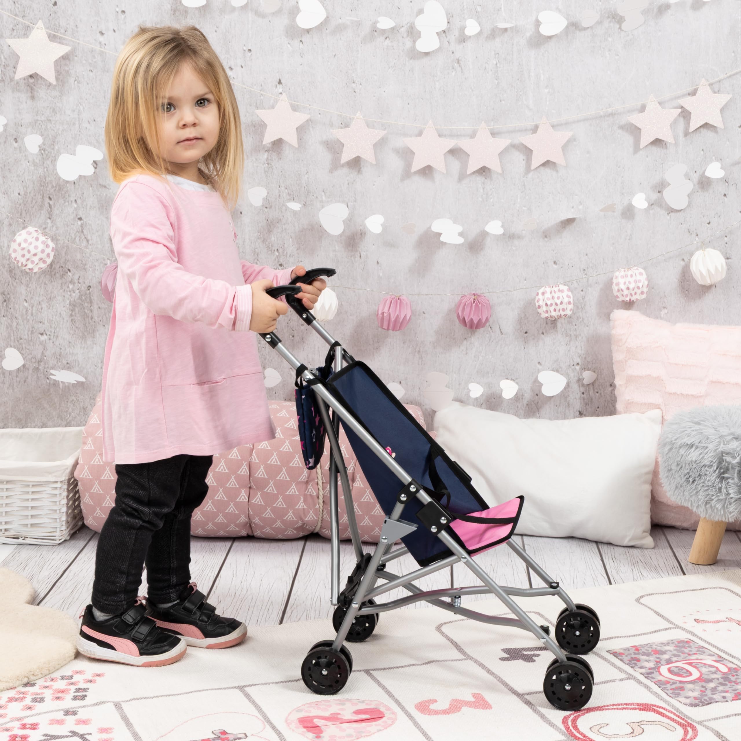 Bayer Design 30516AB Silla de Paseo para muñecas con Bolsa, Plegable, cinturón de Seguridad Integrado, Ruedas Dobles