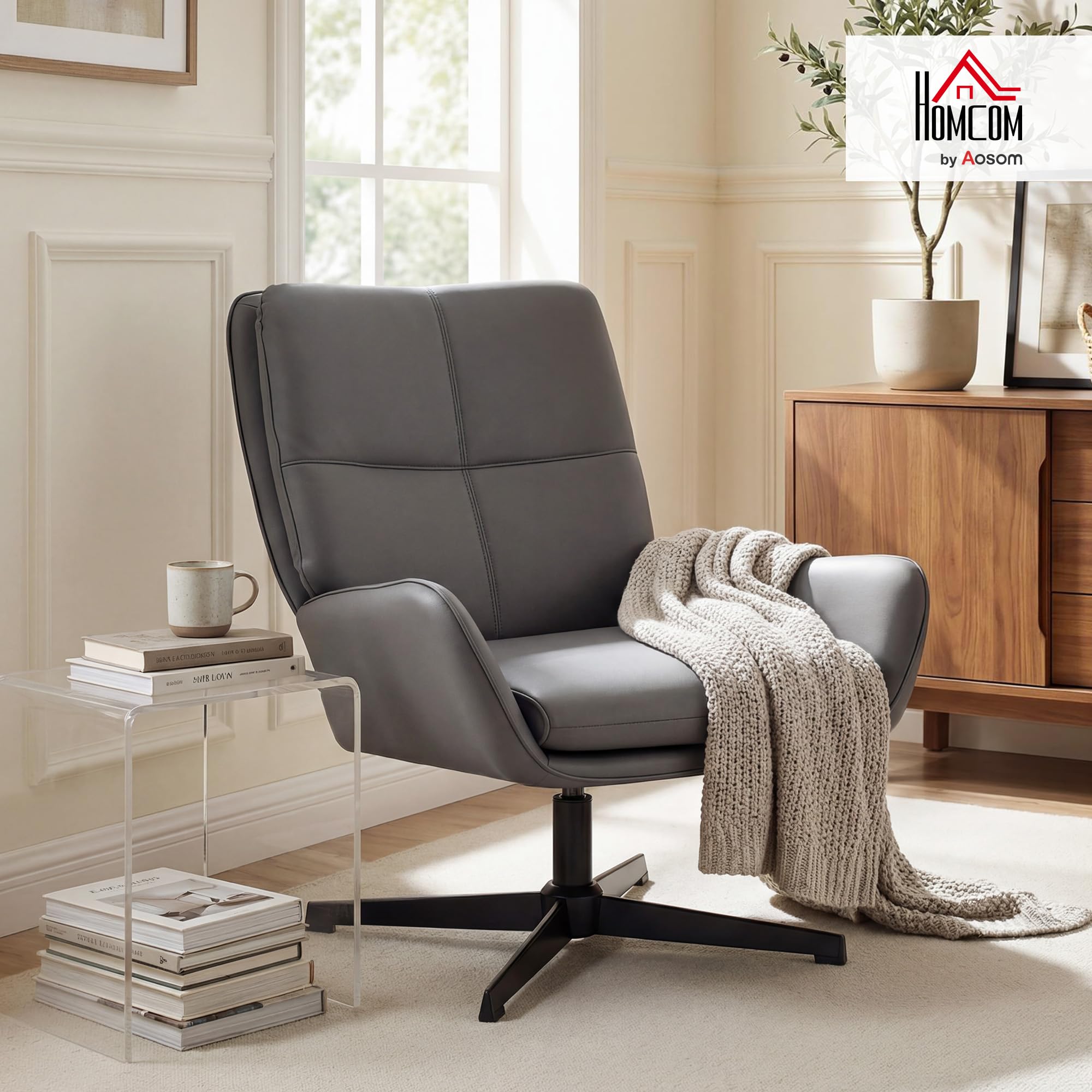 HOMCOM Sillón Giratorio, Butaca de Salón Tapizado en PU, Sillón Lectura con Asiento Acolchado, Reposabrazos, Patas Metálicas, para Sala de Estar, Dormitorio, Gris