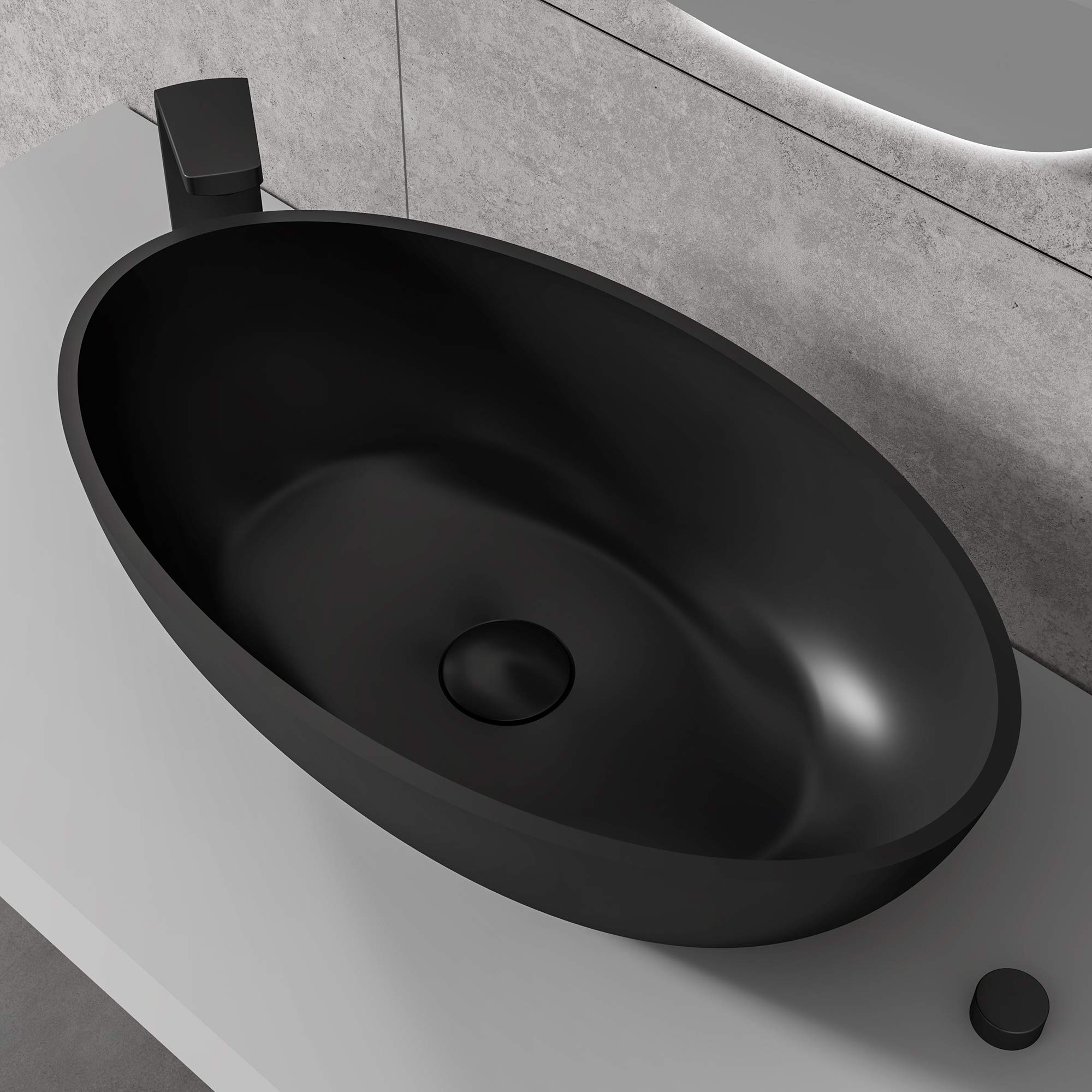 Aufsatzwaschbecken RELAX aus Mineralguss Solid Stone - Farbe:Schwarz matt, Ablaufgarnitur/Pop-up:Mit Ablaufgarnitur, Zusätzl. Blende für Ablaufgarnitur:ohne zusätzl. Blende
