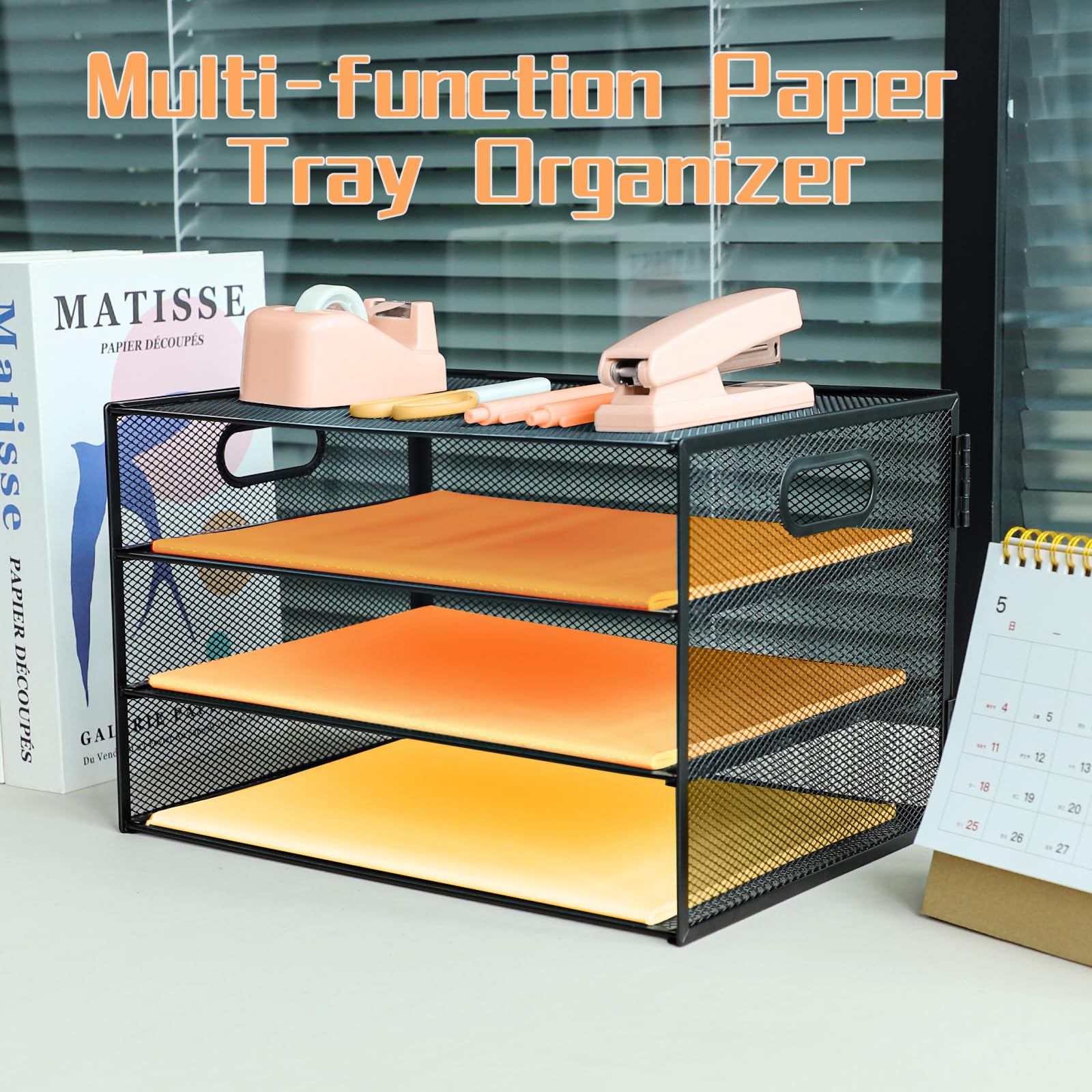 Pot à Crayon Organiseur Courrier 5 Niveaux Maille Métallique - Plateaux A4 Bureau Noir Organisateur Bureau Métal 5 Niveaux