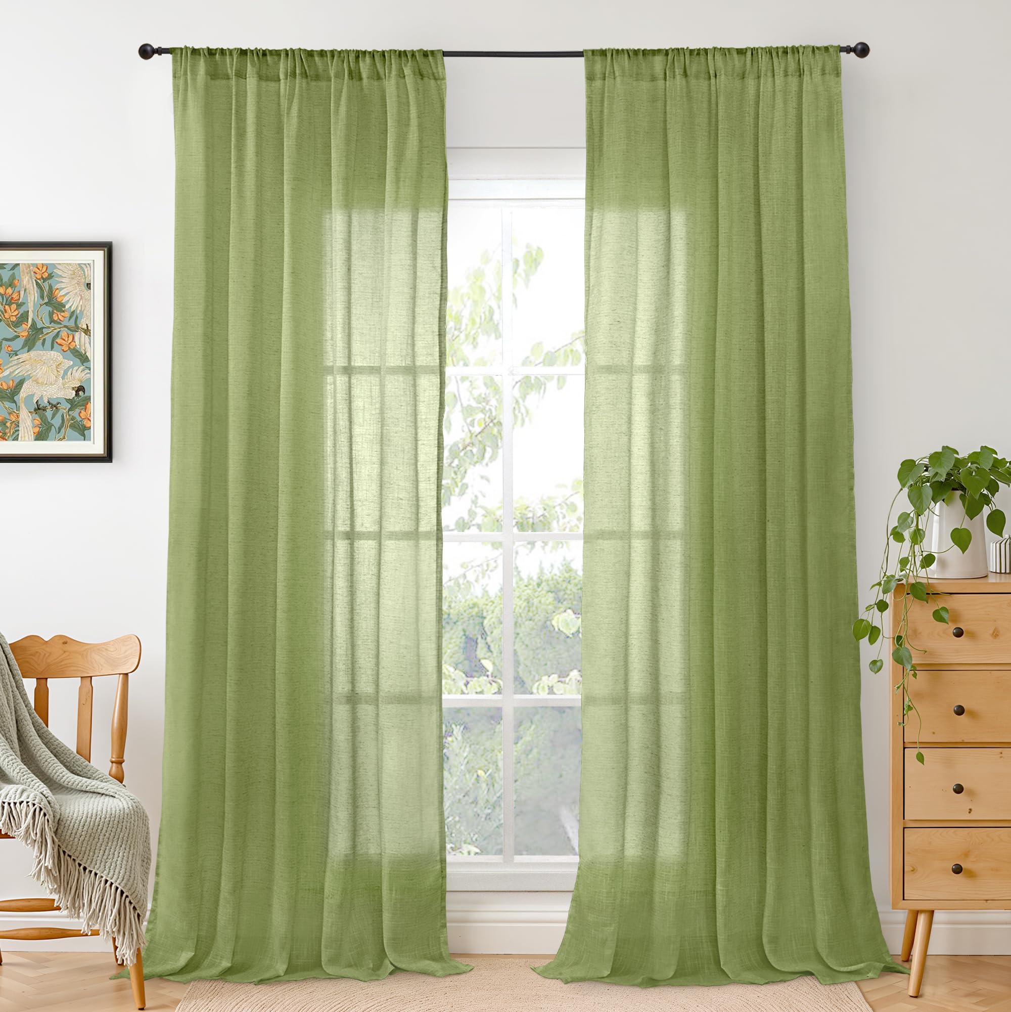 BGment Olive Green Linen Curtains for Living Room 84 Inch Length- Light Filtering Window Drapes Rod Pocket Natural Textured for Bedroom Lightweight Rustic Spring Decor, 2 Panels Set, 52 X 84 Inch
