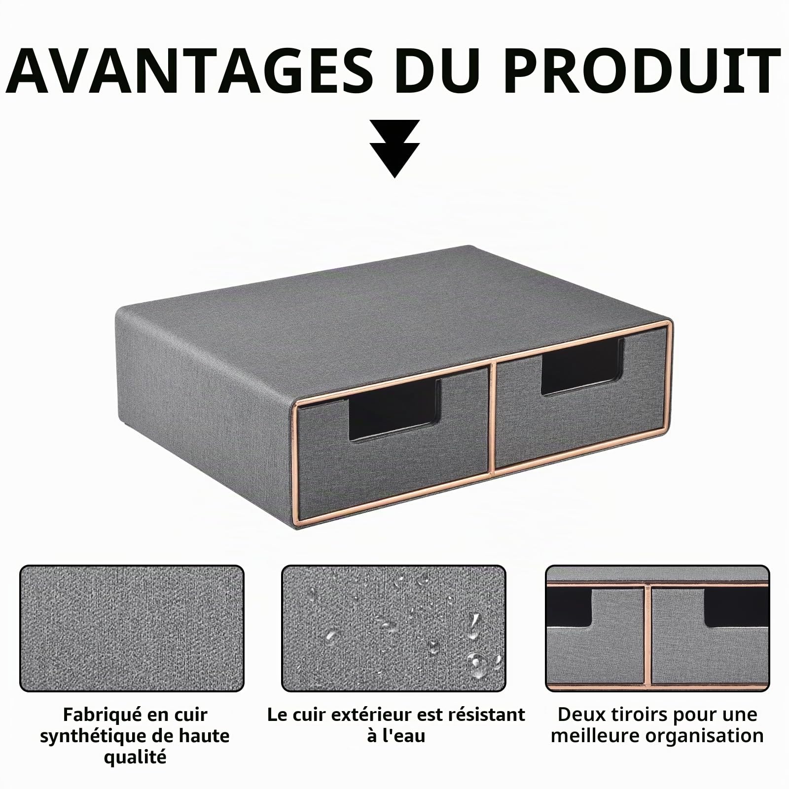 Boîte à tiroirs empilable en cuir avec 2 tiroirs fermés à la main pour ranger les dosettes de café, cafetière partie supérieure de l'organiseur de bureau pour bijoux, cosmétiques, gris