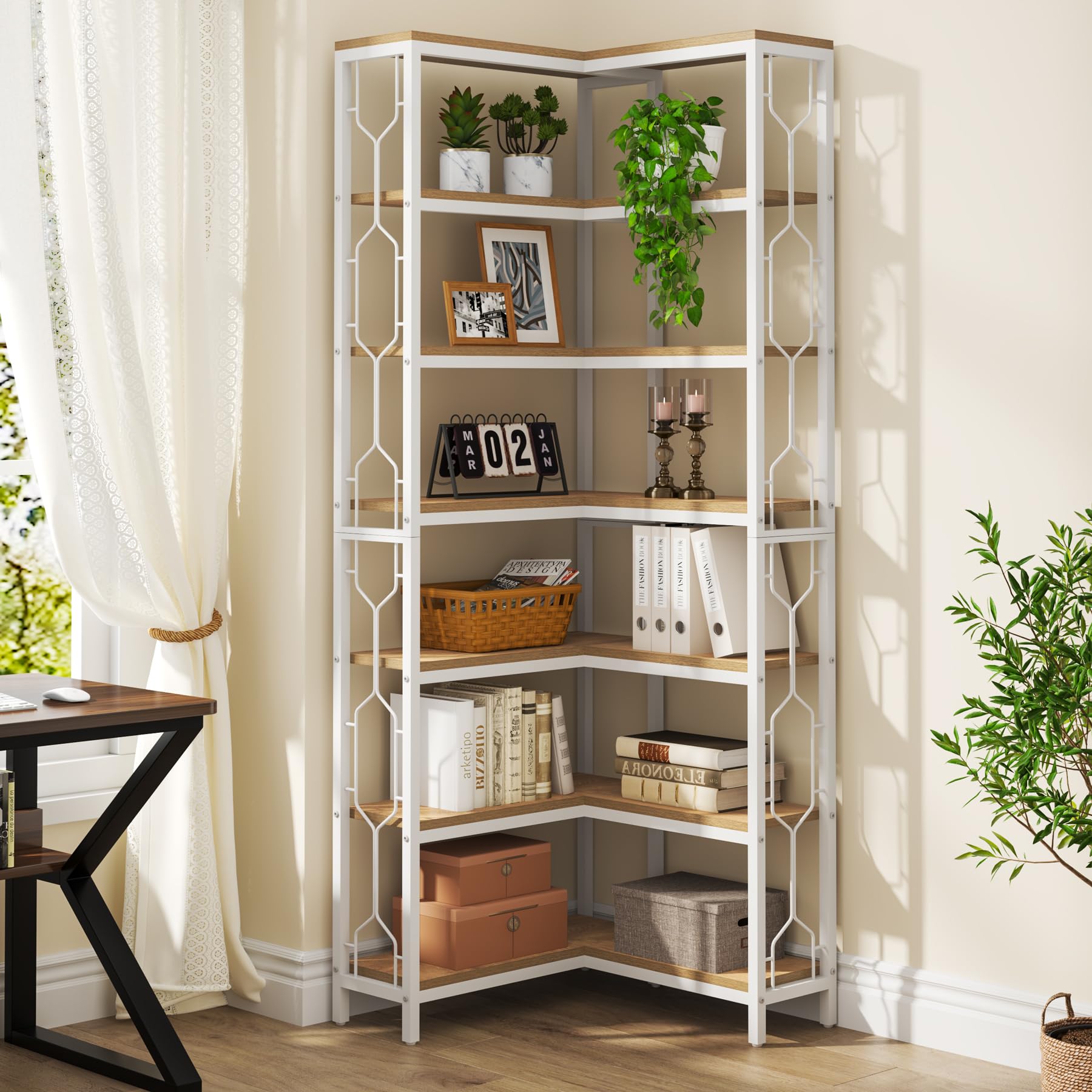 Tribesigns Etagere - Scaffale angolare industriale a 7 ripiani, in legno e metallo, scaffale autoportante per soggiorno, cucina, casa, ufficio, bianco e naturale