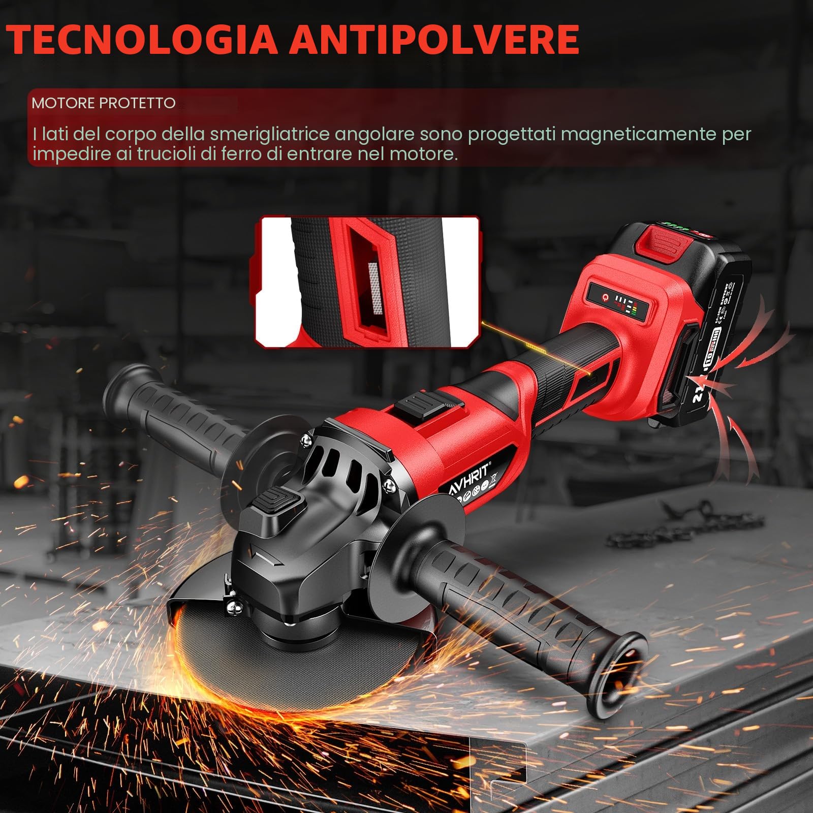 Smerigliatrice angolare a batteria 125mm, senza spazzole 9500 RPM con 1 batteria 4000mAh, smerigliatrice a batteria 21V con dischi da taglio, smerigliatrice a ventaglio per taglio e levigatura