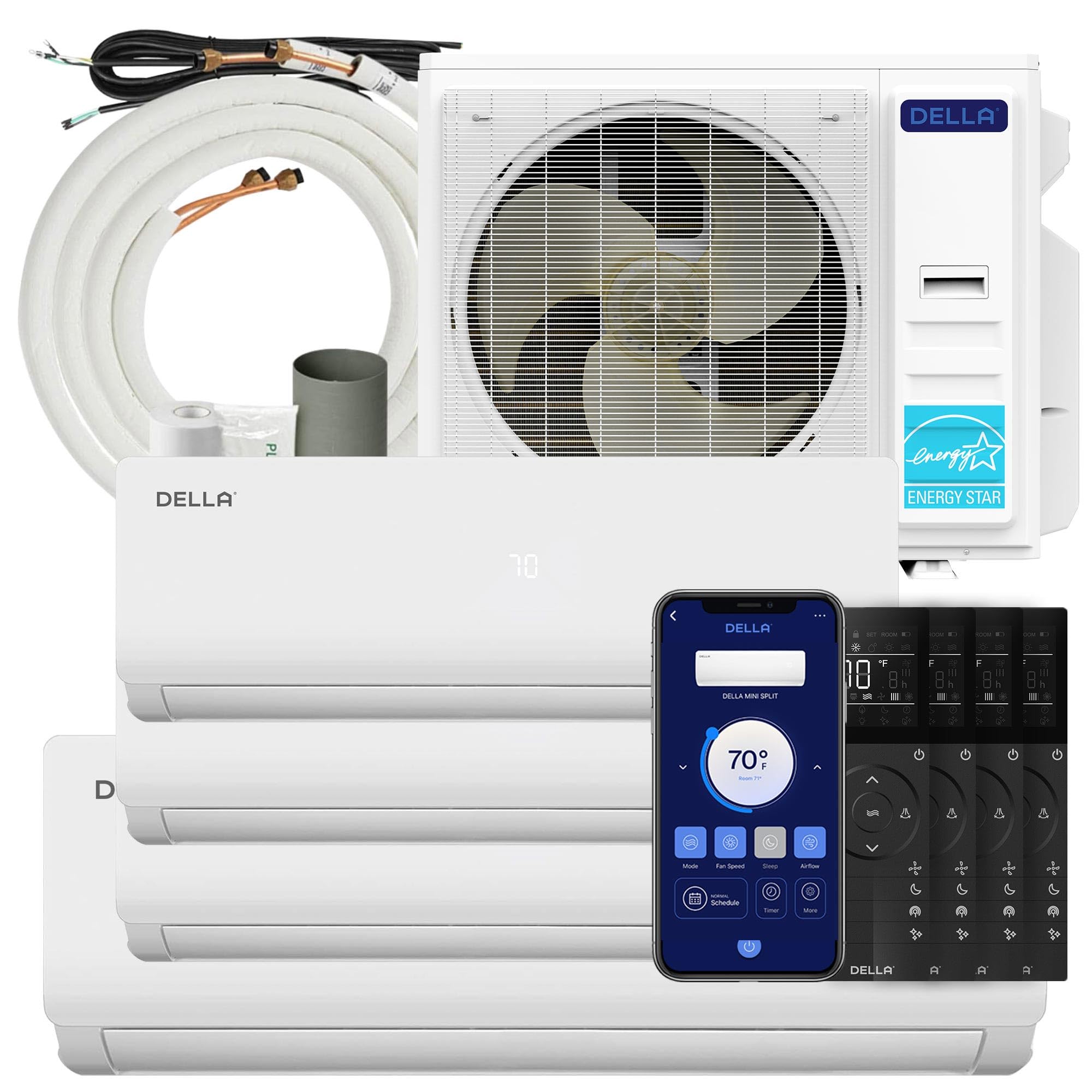 Della DELLA 45K BTU ODU Multi Zone AC, 4 Zone (9K+2 * 12K+18K BTU) Mini Split 19 SEER2 208-230V Cools Up to 2500 Sq.Ft, Works with Alexa and Wifi,Energy Efficient, Pre-Charged Heat Pump, 16ft Kits