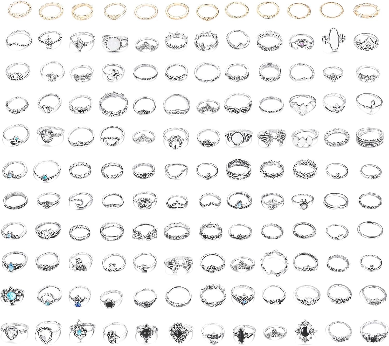 LOYALLOOK 132PCS Bohemia Knuckle Ring Set Women Hollow Silver Fashion Finger Rings Vintage Stackable Knuckle Midi Rings Set