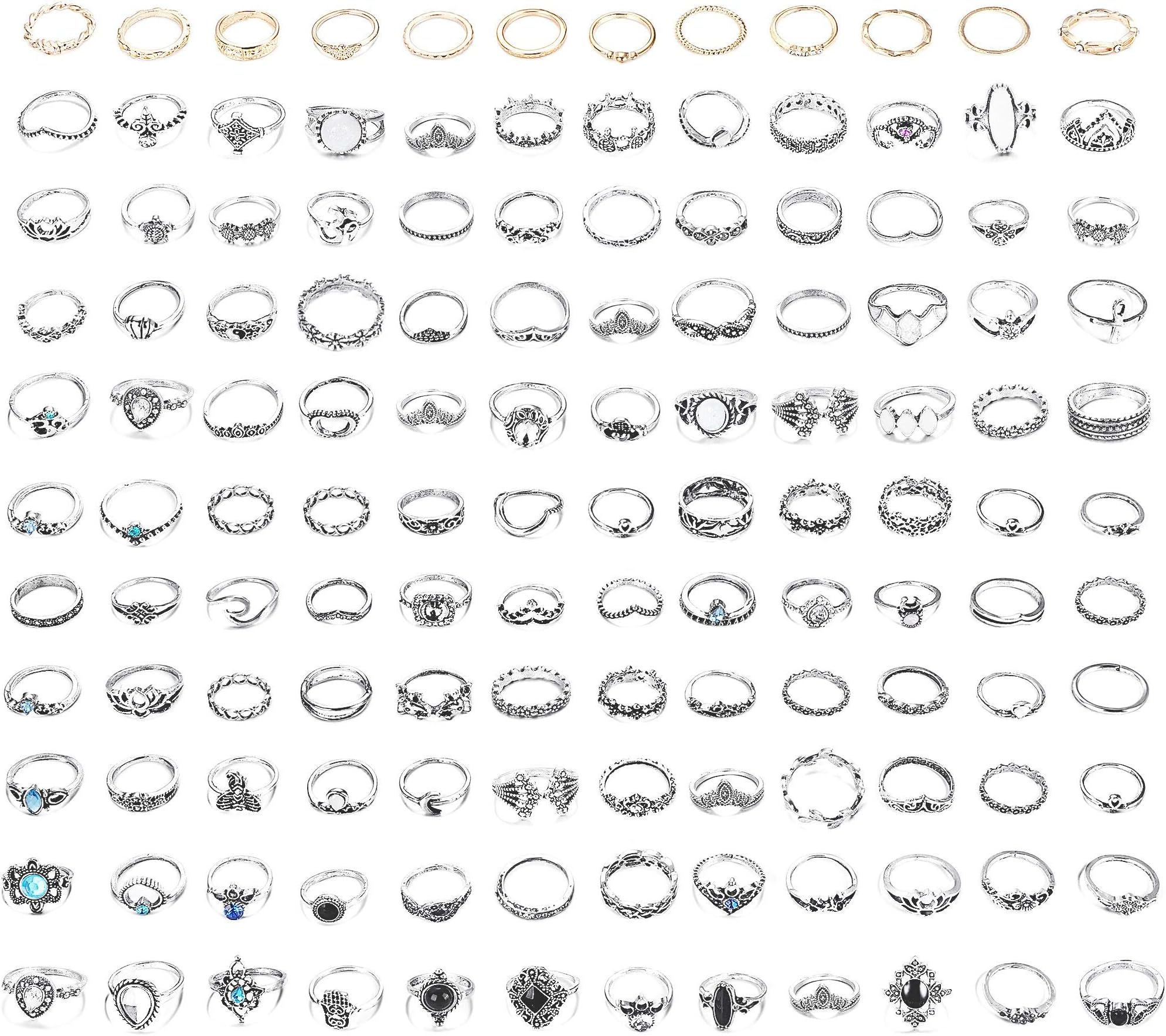 LOYALLOOK132PCS Bohemia Knuckle Ring Set Women Hollow Silver Fashion Finger Rings Vintage Stackable Knuckle Midi Rings Set