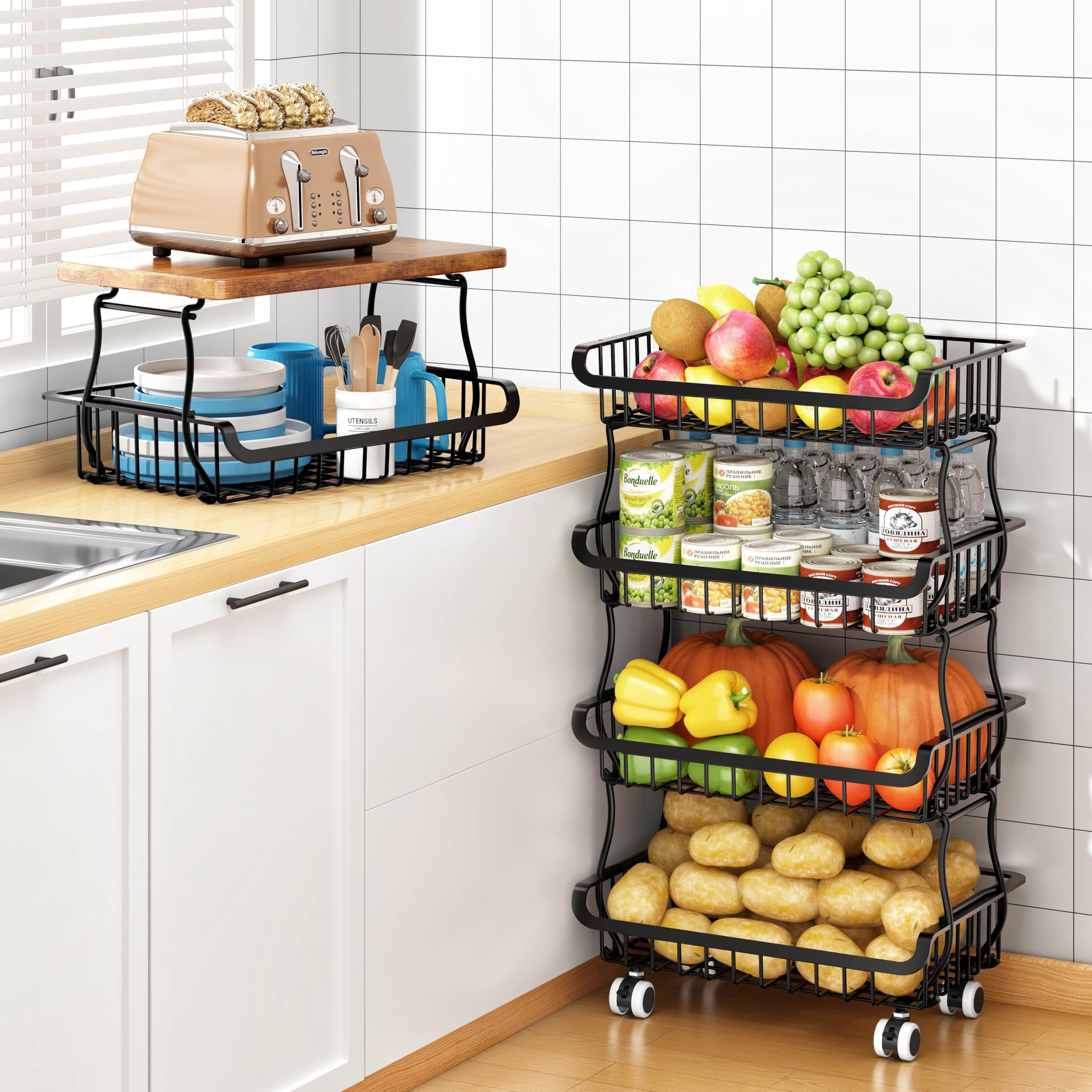 Jusdyrack Black 6 Tier Pantry Organisers And Storage Vegetable Fruit Basket For Kitchen, Stackable Flexible Design (3+3, 4+2, 5+1,6+0) Pantry Organisers And Storage For Kitchen Bathroom Livingroom Laundry Room Cart