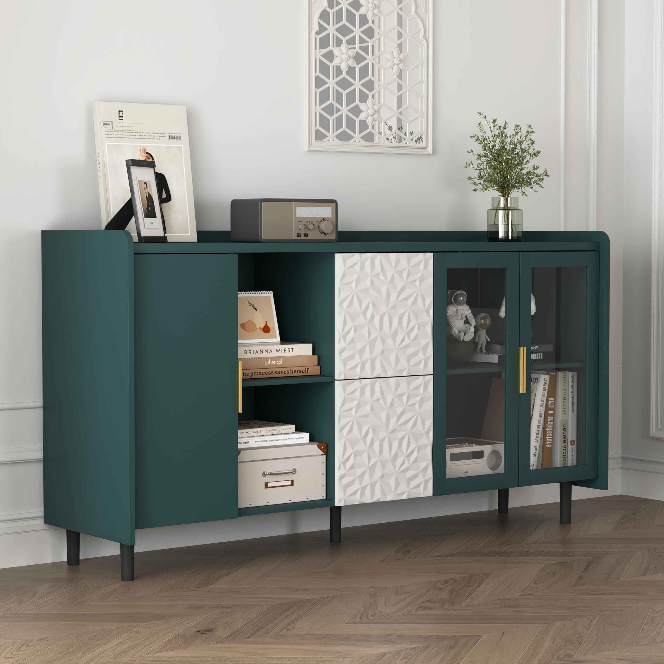 Credenza Cucina 150 Cm Con 2 Ante In Vetro 2 Cassetti 2 Vani Aperti Coffee Bar In MDF Piano Grande Per Elettrodomestici Mobile Cucina Dispensa Per Cucina E Soggiorno