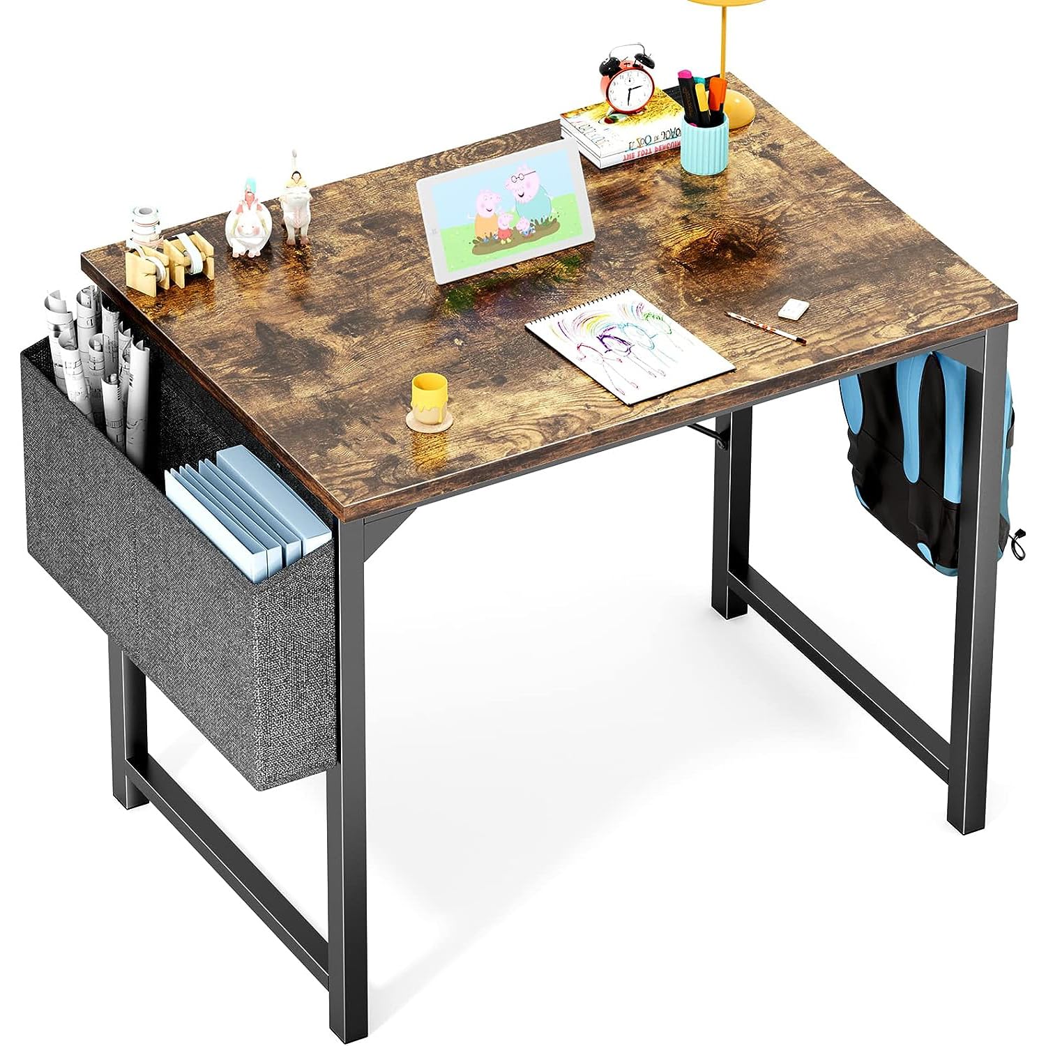Sweetcrispy Computer Small Office Desk 31 Inch Kids Student Study Writing Work with Storage Bag & Headphone Hooks Modern Simple Home Bedroom Table - Brown