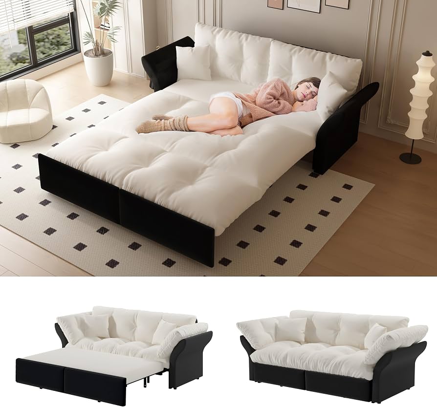 Dolamaní Sofa 2-Sitzer 190 cm breit 3-in-1 Ausziehbares Schlafsofa mit Tufting und 2 weichen Kissen, Sofa Samt Couch mit Schlaffunktion, Klappsofa (Beige) Küche, Haushalt & Wohnen