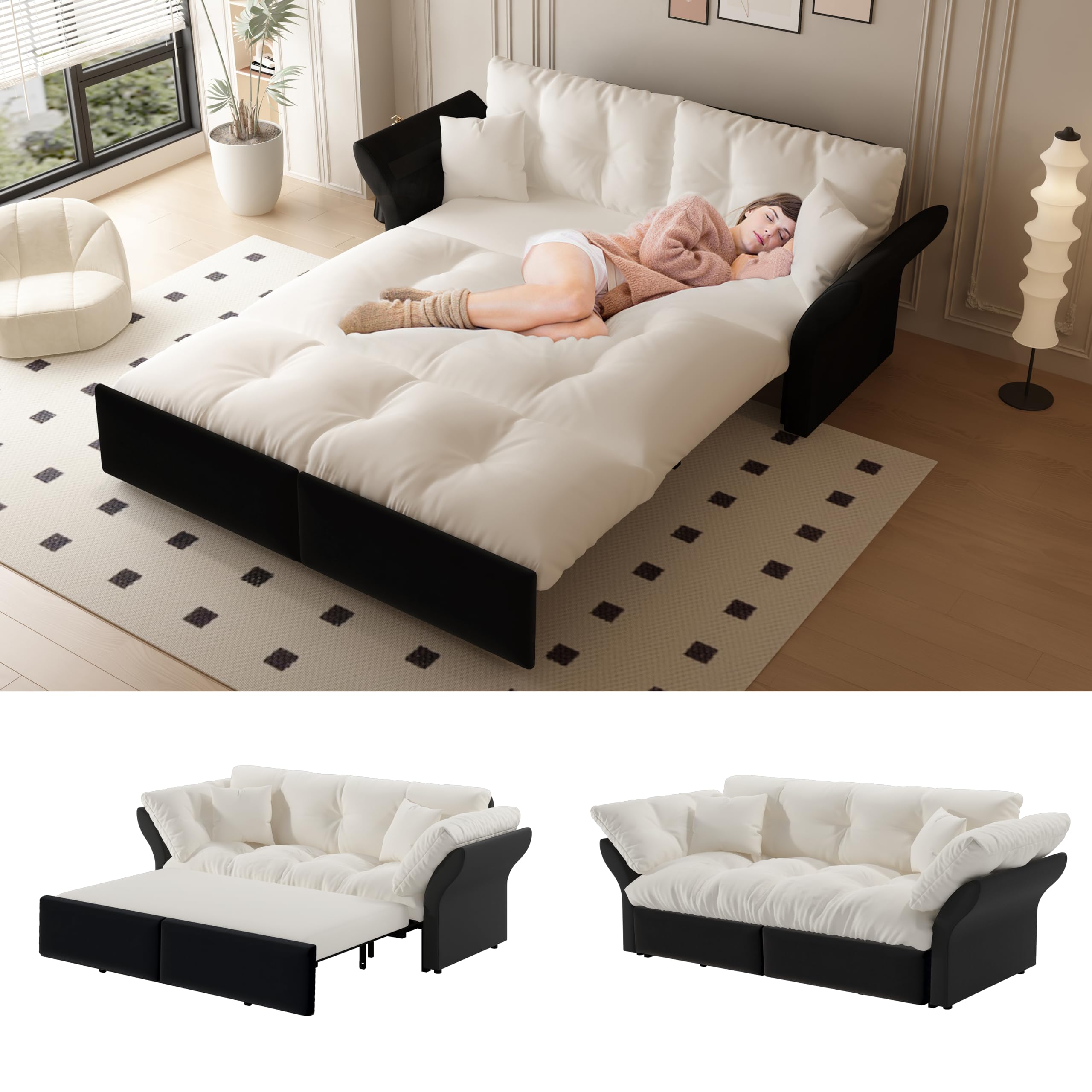 Generisch Sofa rozkładana 3 w 1 Queen Size, welurowa sofa do spania z tuftingiem i 2 miękkimi poduszkami, wielofunkcyjna sofa do salonu, sypialni, beżowa/biała