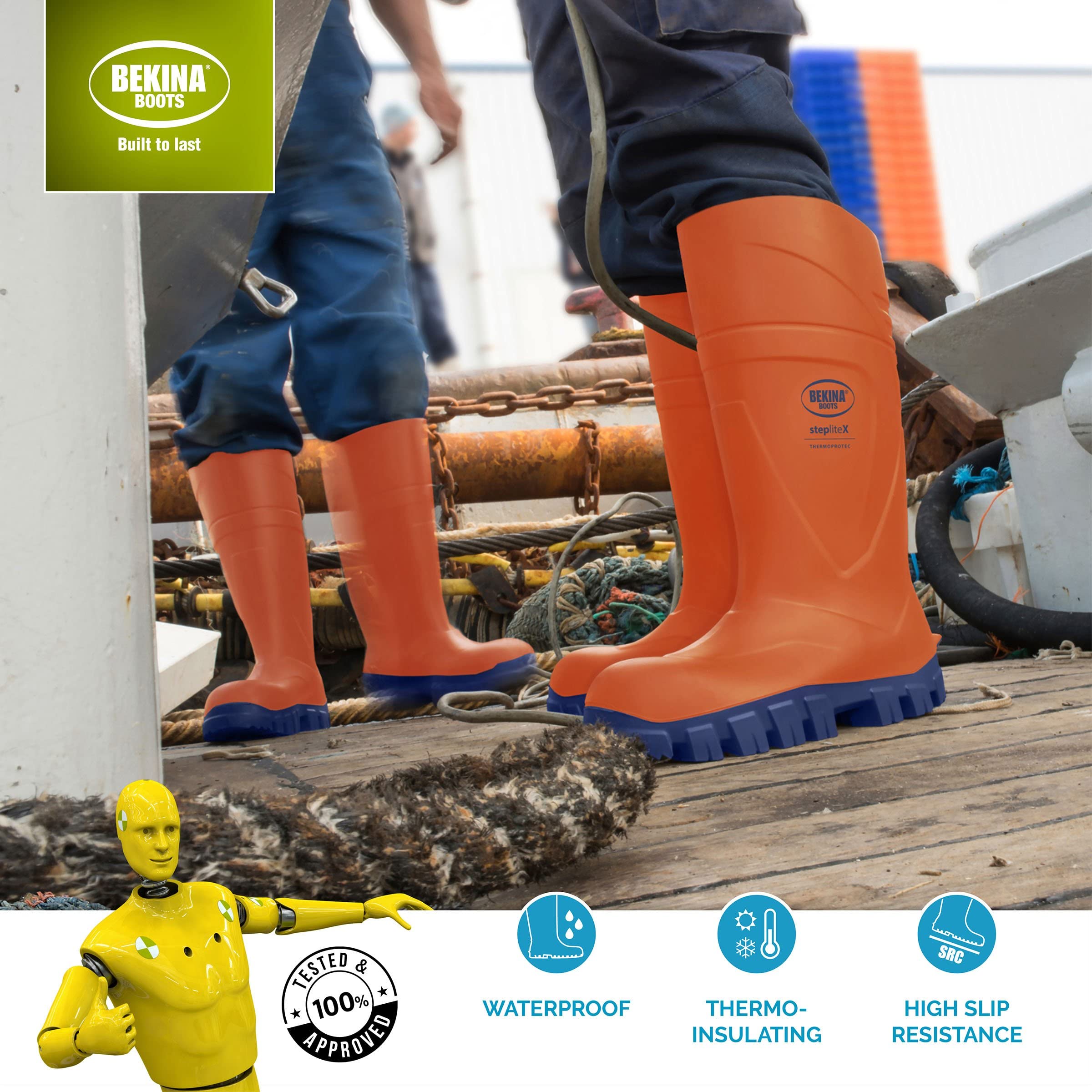 Bota de invierno con puntera y suela de seguridad sin metal, ligera y robusta para pescadores, balleneros y pescadores, resistente al frío hasta -40 grados, suela antideslizante, Naranja, EU 43