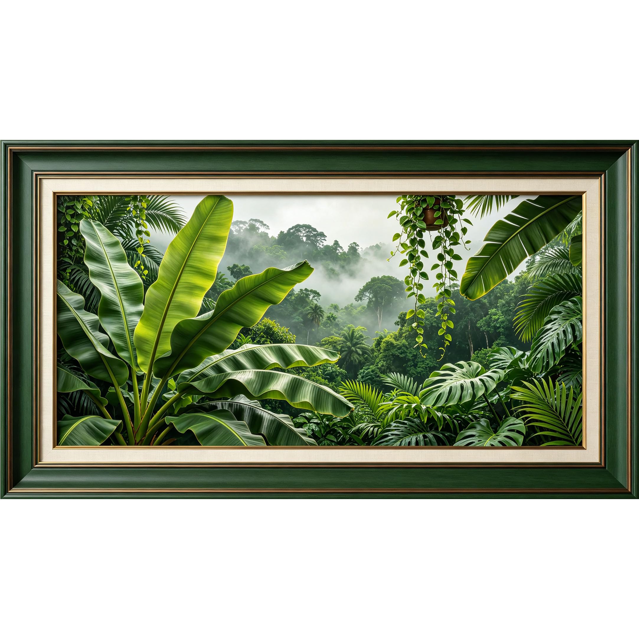 QZLITHOTIC 50x90cm3D Framed Wall Art， Tropical Jungle Green Banana Leaf Mist Forest Self‑Adhesive Mural， Water‑Activated Peel & Stick Fabric Decor Wall Decal for Bedroom Living Room