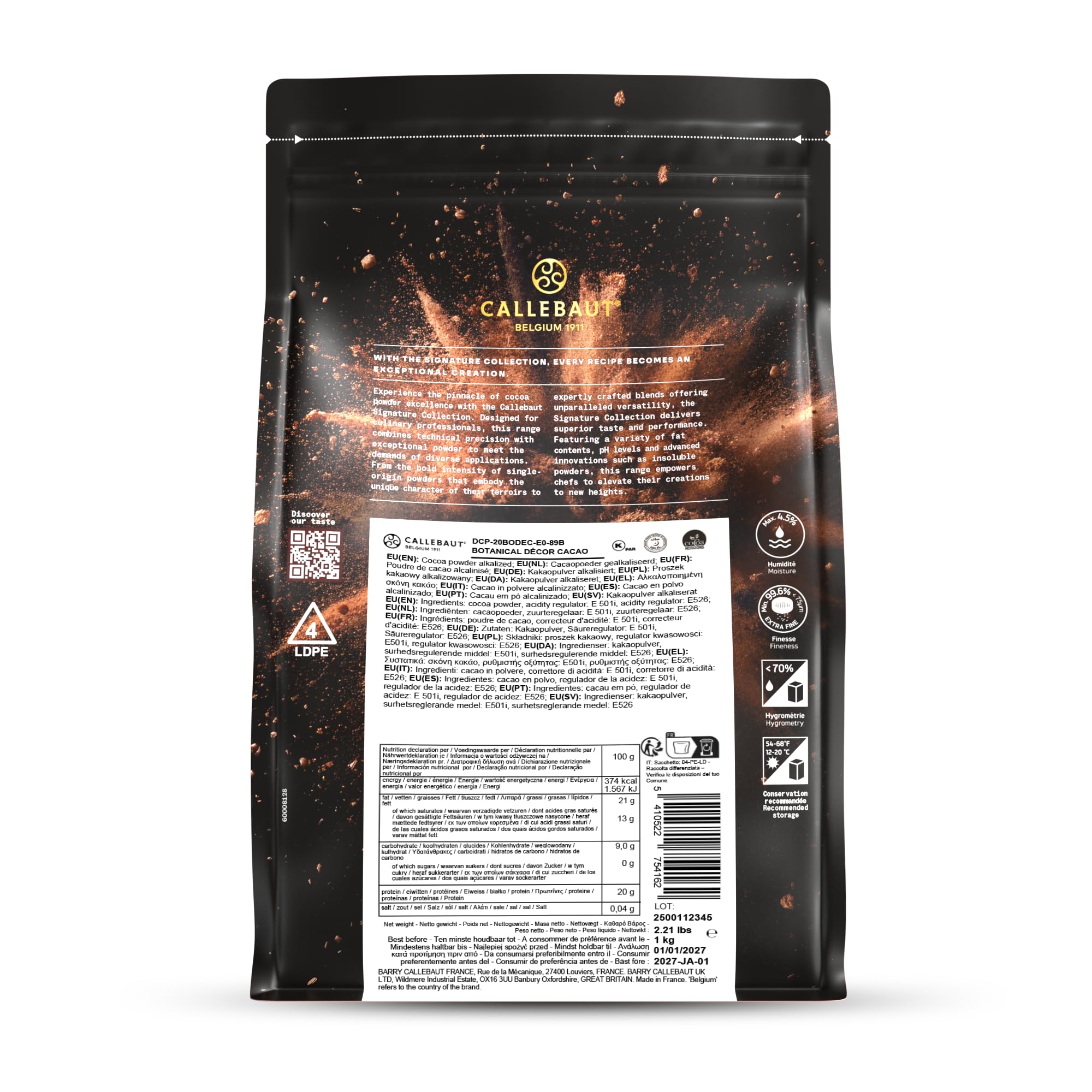 Callebaut Signature Collection Botanical Décor Cacao en polvo alcalizado 20-22% grasa hidrofóbico 1 kg