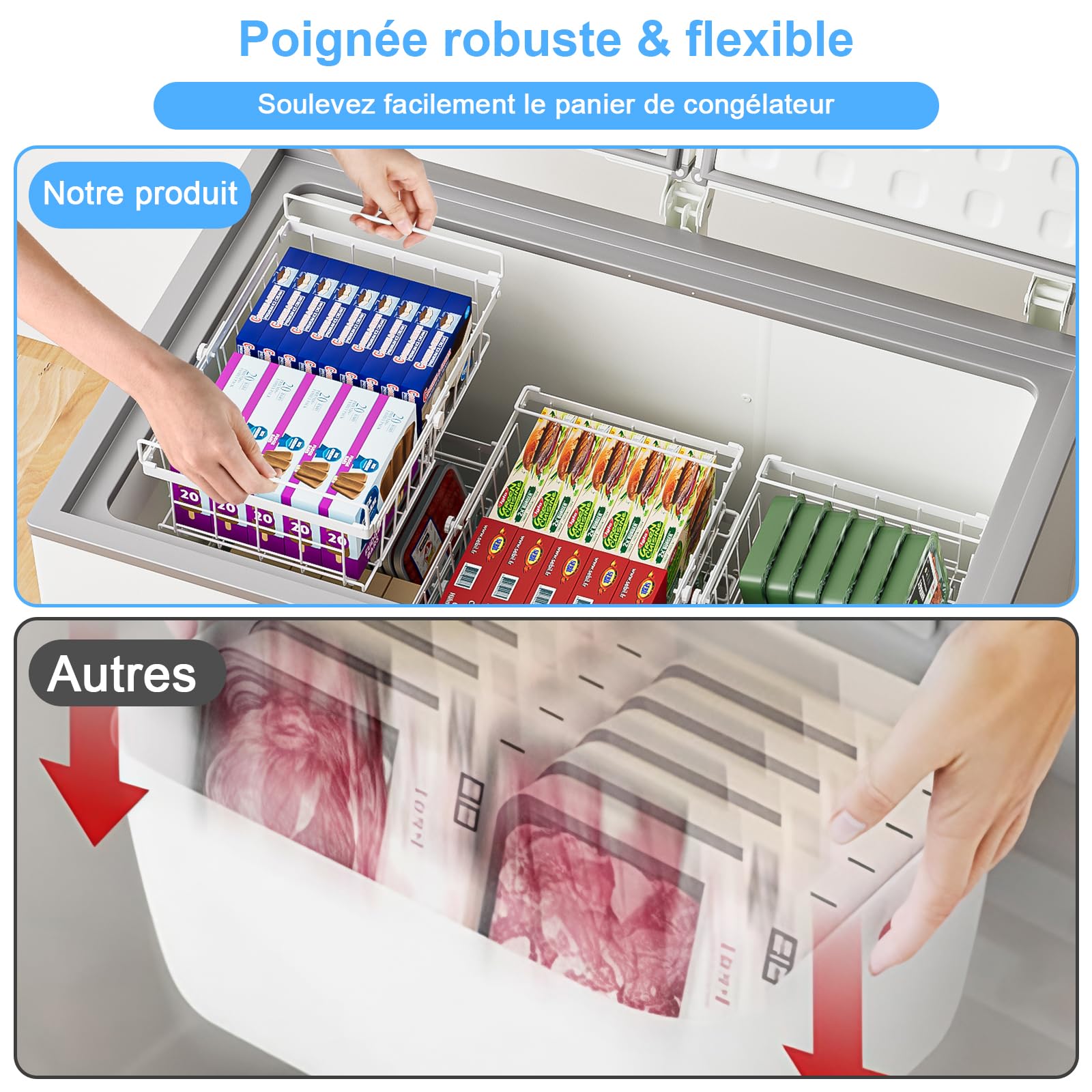 4 Pièces Panier Congelateur Coffre,Rangement Congelateur Extensible Empilable avec Poignée,Rangement Congelateur Coffre Pliables,(29-45.5x30.5x15cm) Blanc