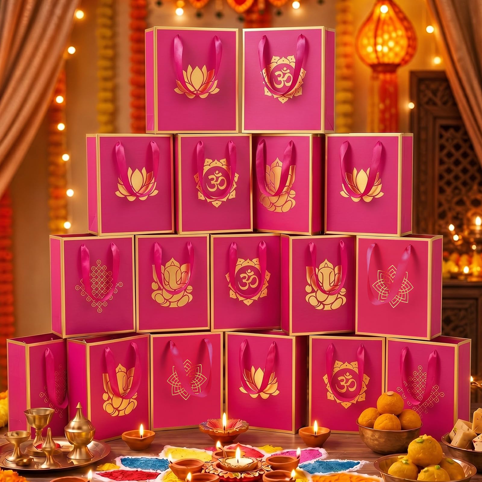 Sabary 15 Pcs Diwali Pooja Indian Return Gift Paper Bag, Fuchsia — image 1