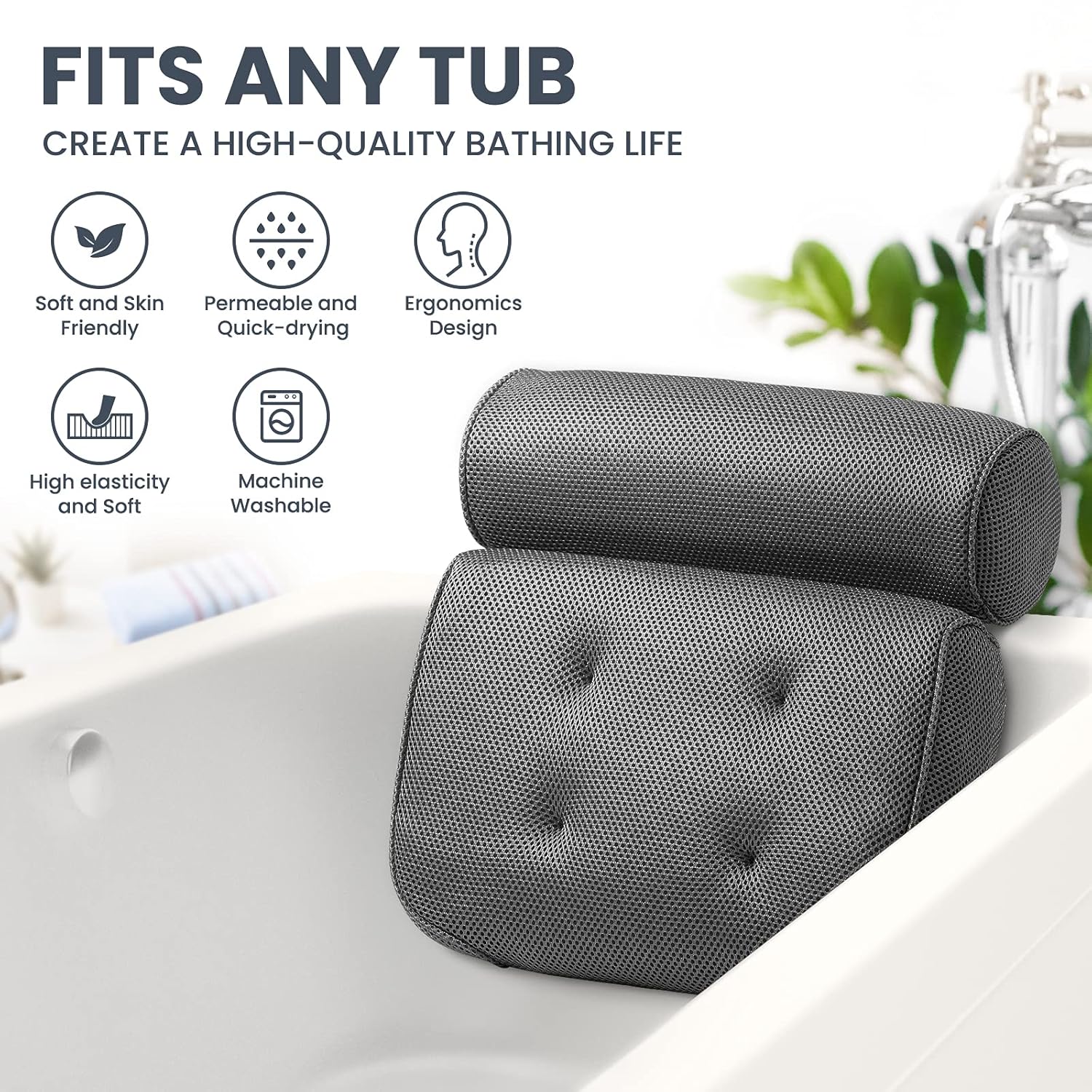 LuxStep Bath Pillow Bathtub Pillow With 6 Non-Slip Suction Cups,15x14 Inch, Extra Thick and Soft Air Mesh Pillow for Bath - Fits All Bathtub, Grey : Home & Kitchen