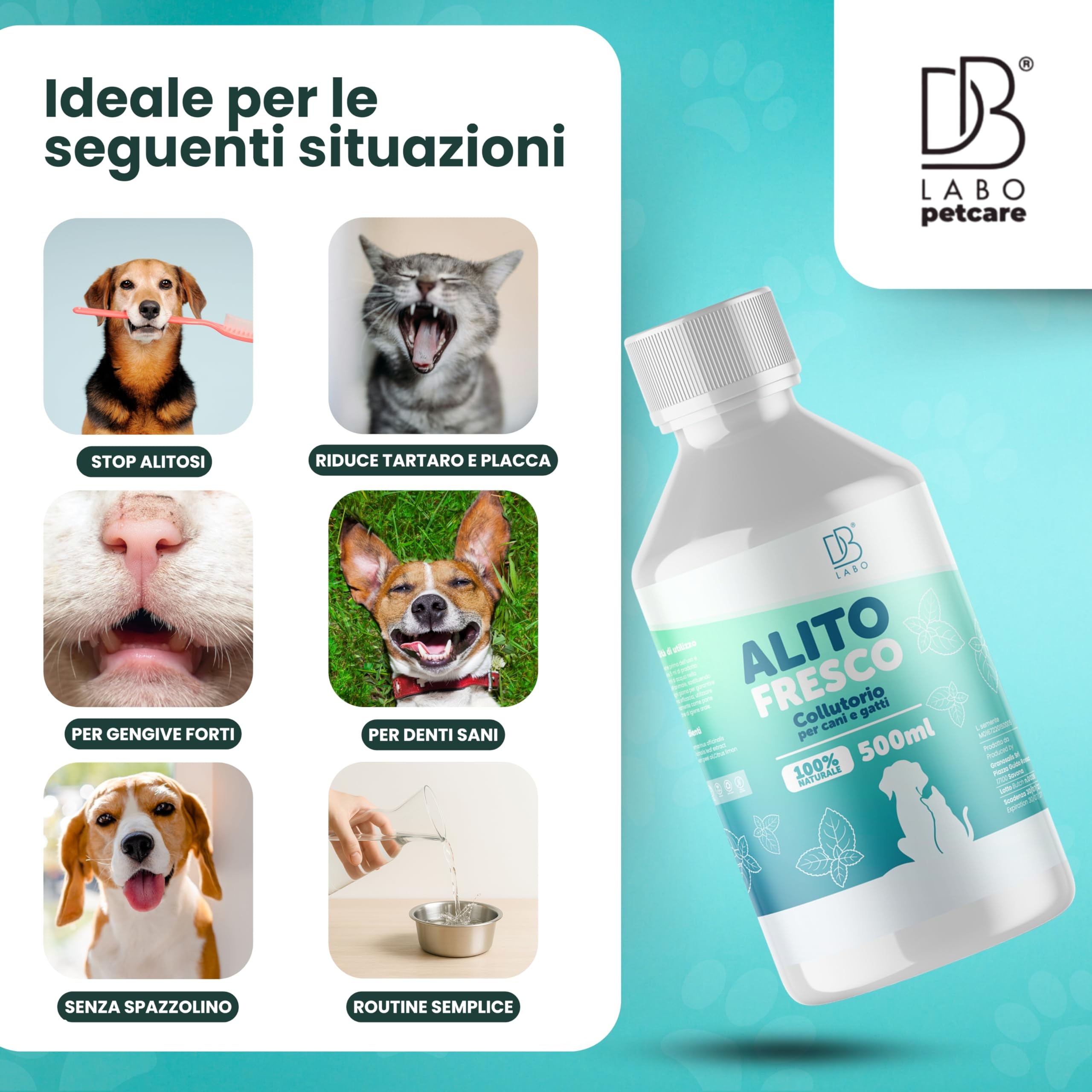 DB Labo Colluttorio per cani 500ml Anti Tartaro Additivo Acqua Igiene Orale
