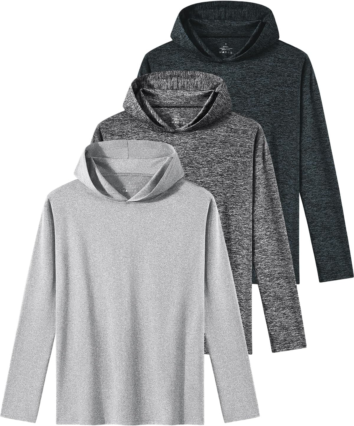 3 Pack Dry-Fit Youth Boys Long Sleeve Athletic Hoodie Sweatshirts Active Hooded Pullover Shirts for Teen Kids