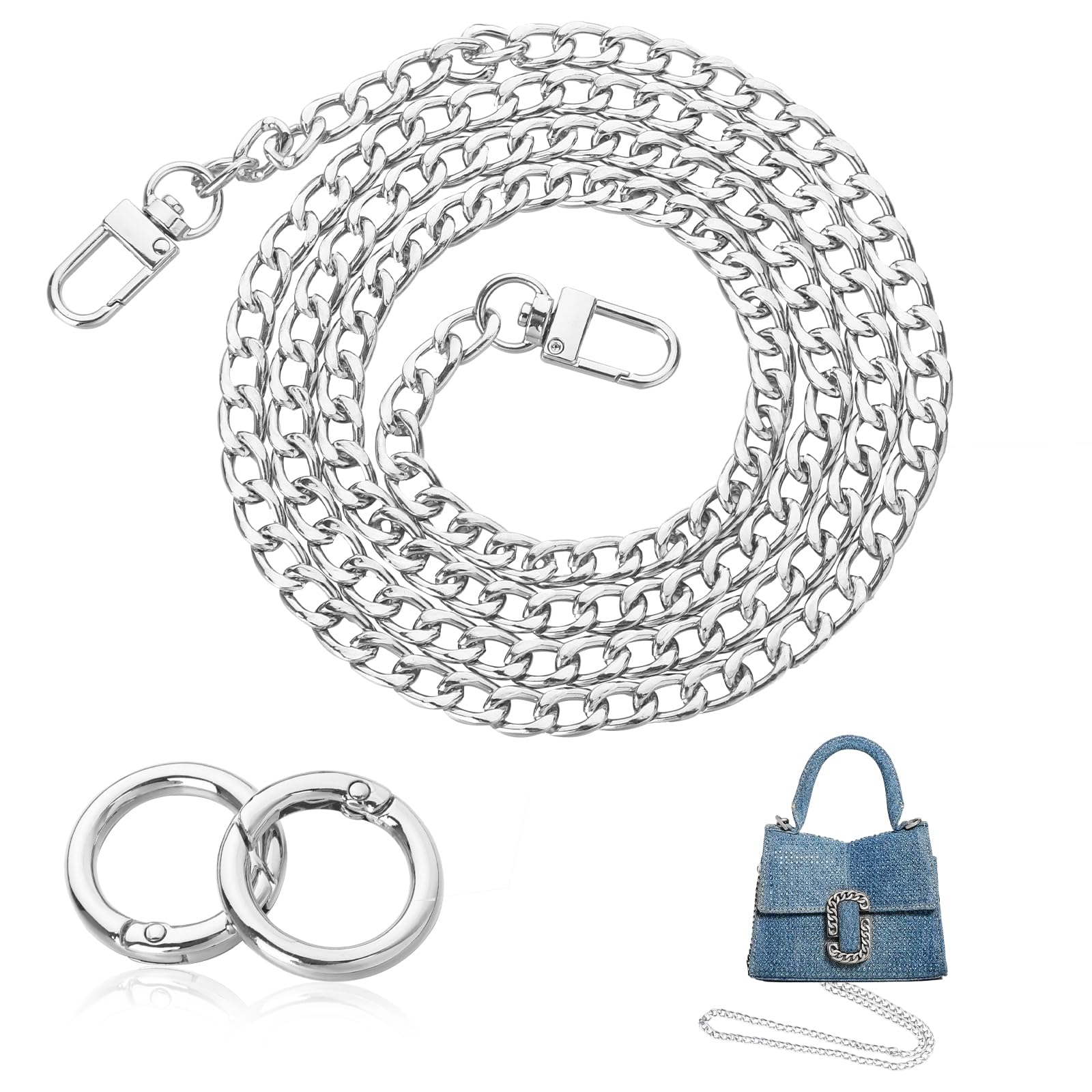 LongHoneySong Handbag Chain Bag Strap for Handbag Shandbag Straps 47.2" Shoulder Strap Metal with Metal Buckle Chain Belt Silver Gold Bag Strap Extender (Silver)