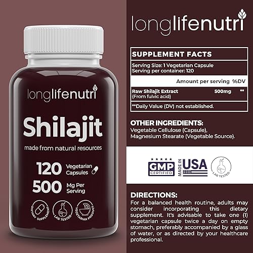 Miniatura 2 de Shilajit Cápsulas de 500 mg 120 píldoras vegetarianas  Suplemento original de extracto de ácido fúlvico  Apoya la producción de energía y la función