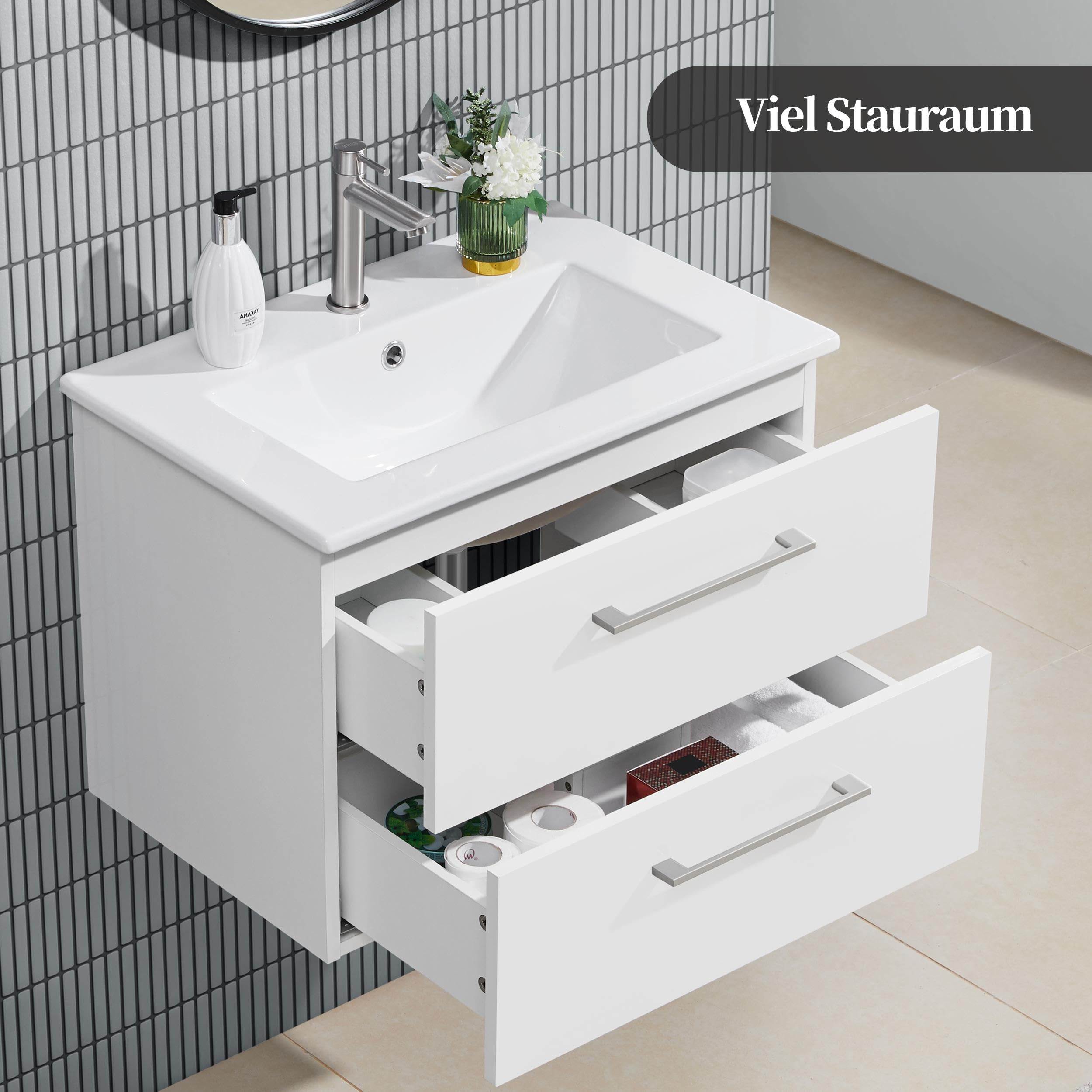Yaheetech Waschbeckenunterschrank Hängender Badezimmerschrank mit Waschbecken Badmöbel Set 2-teilig Unterbau inkl. Waschbecken & Schubladen Badschrank Wandschrank mit Keramikbecken, Hochglanz, Weiß
