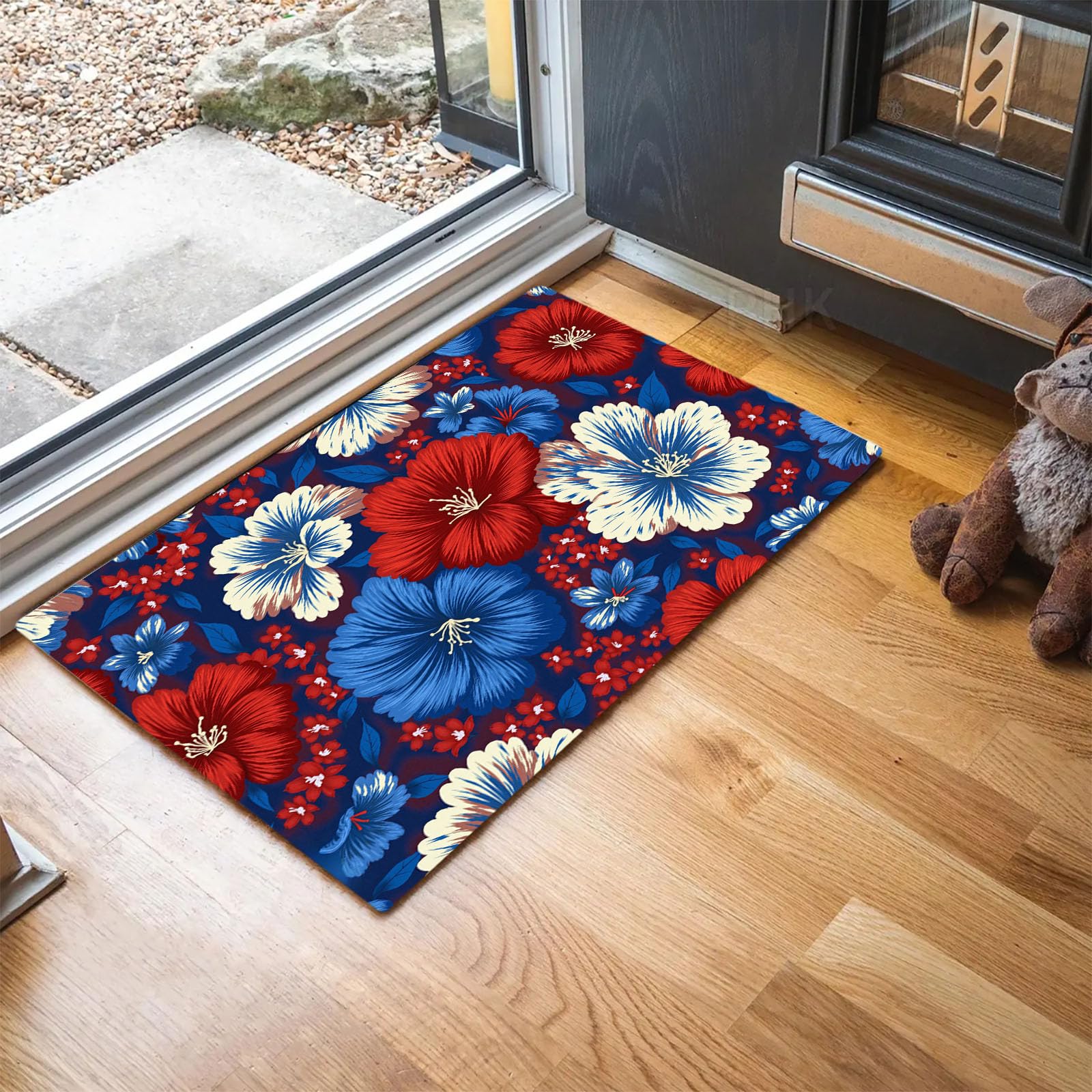 Paillasson fin pour couloir et entree au style ethnique floral bleu blanc rouge