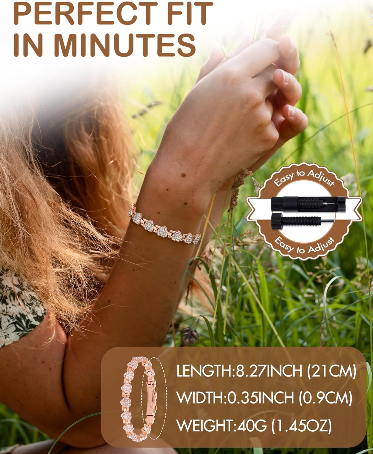 Feraco Copper Bracelets for Women, Ultra Strength Magnetic Bracelet with 3800 Gauss Neodymium Magnets & Dazzling Cubic Zirconia, 99.99% Pure Copper Jewelry Gift, Heart Shape - Image 3