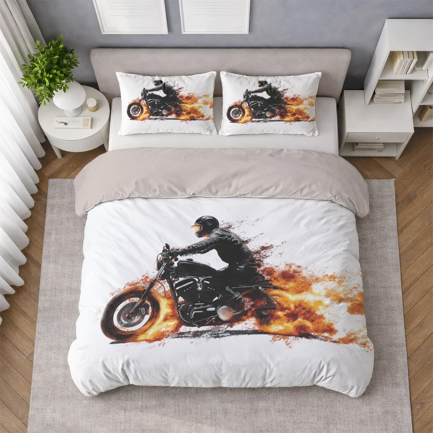 Czarny pomarańczowy nowoczesny wibracyjny motocykl poszwa na kołdrę 200 x 200 cm, kreskówkowy miękki zestaw pościeli z mikrofibry z zamkiem błyskawicznym 3-częściowy z 2 poszewkami na poduszki