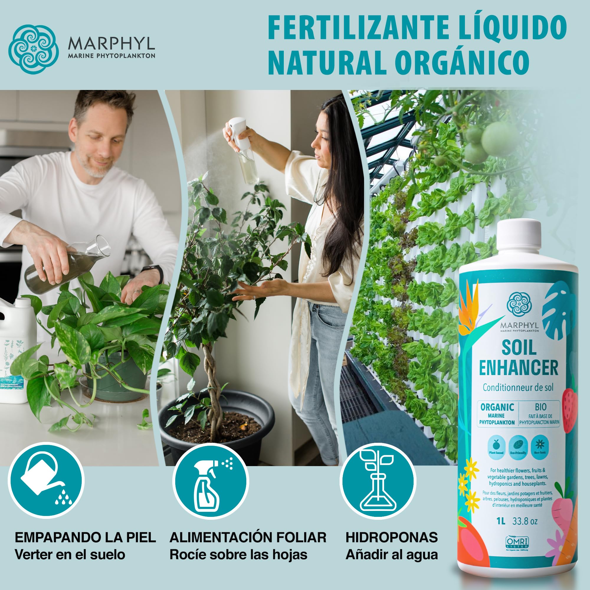 MARPHYL Fertilizante Líquido Orgánico - Fertilizante Plantas Interior y Exterior - Alimento Nutritivo para Plantas - Potenciador del Suelo para Jardín, Flores, Verduras, Suculentas, Bambú, Hidroponía