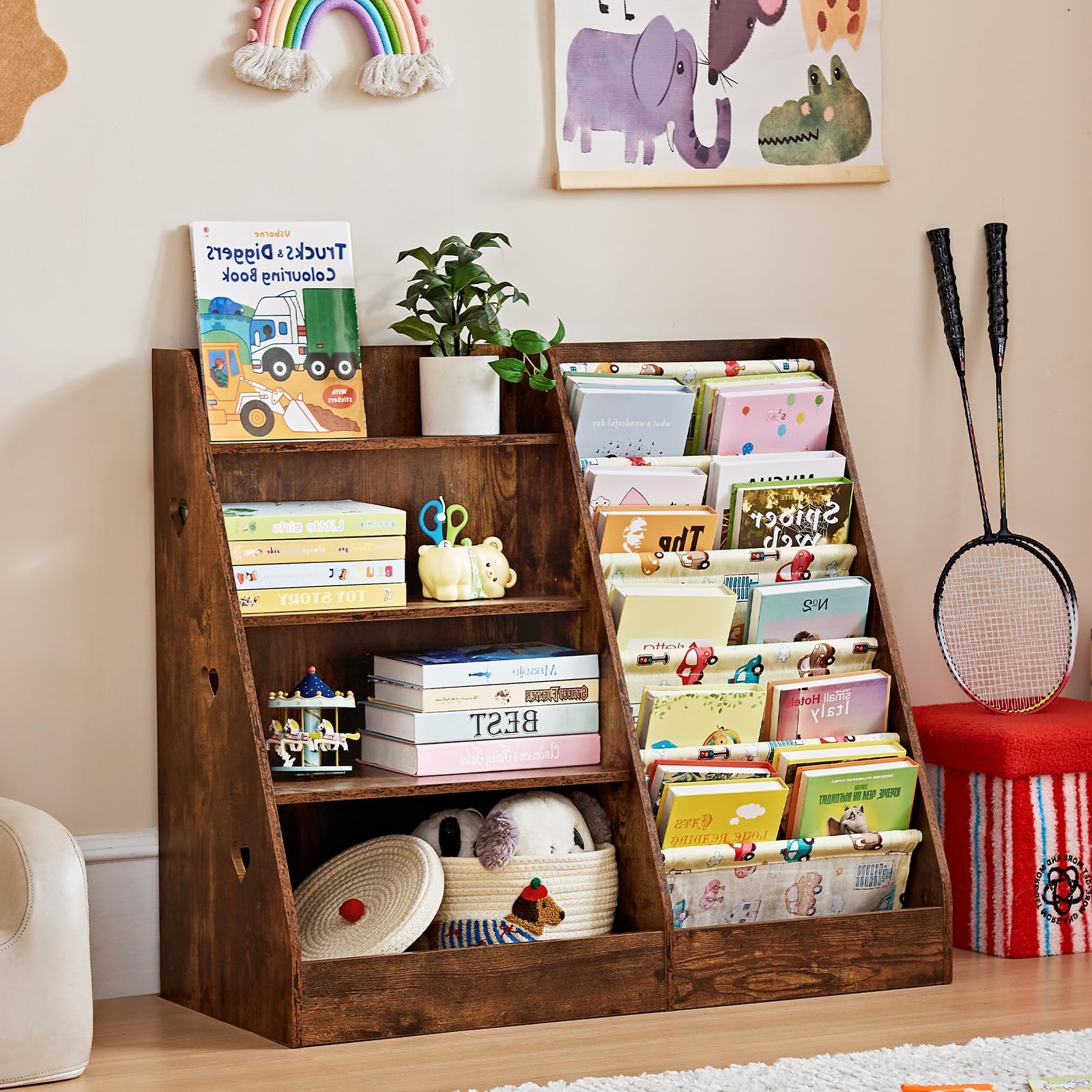 Children's Bookcase with 5 Book Displays and 4 Storage Compartments, Large Brown Children's Shelf, Book Frame for Children, Wooden Children's Bookcase, Toy Organiser for Children's Room, Nursery, 90 x
