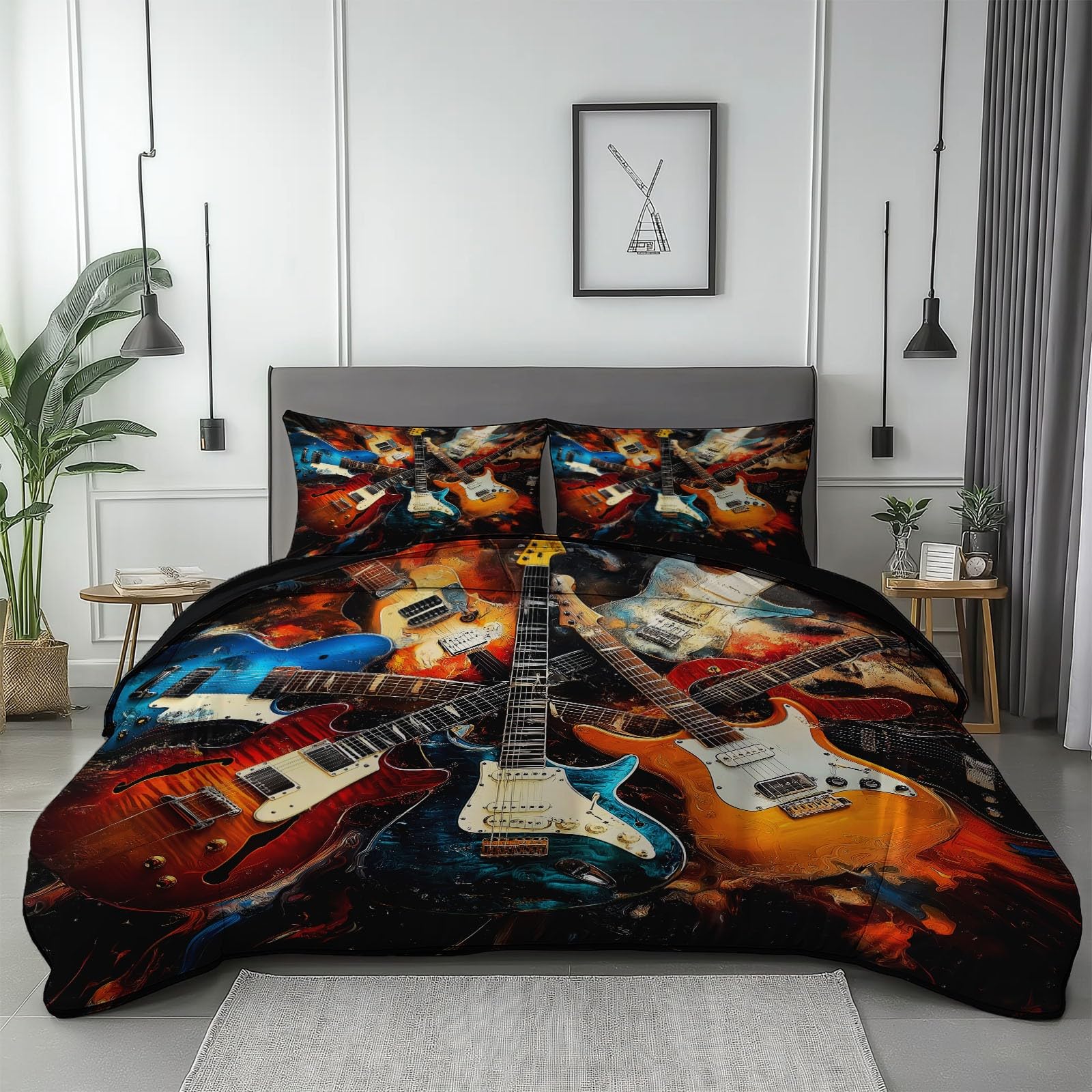 Poszwa na kołdrę 240x260 cm z mikrofibry, zestaw pościeli muzycznej z gitarą elektryczną z 2 poszewkami na poduszki w kolorze czarnym z nadrukiem dwustronnej poszwy na kołdrę na 4 pory roku