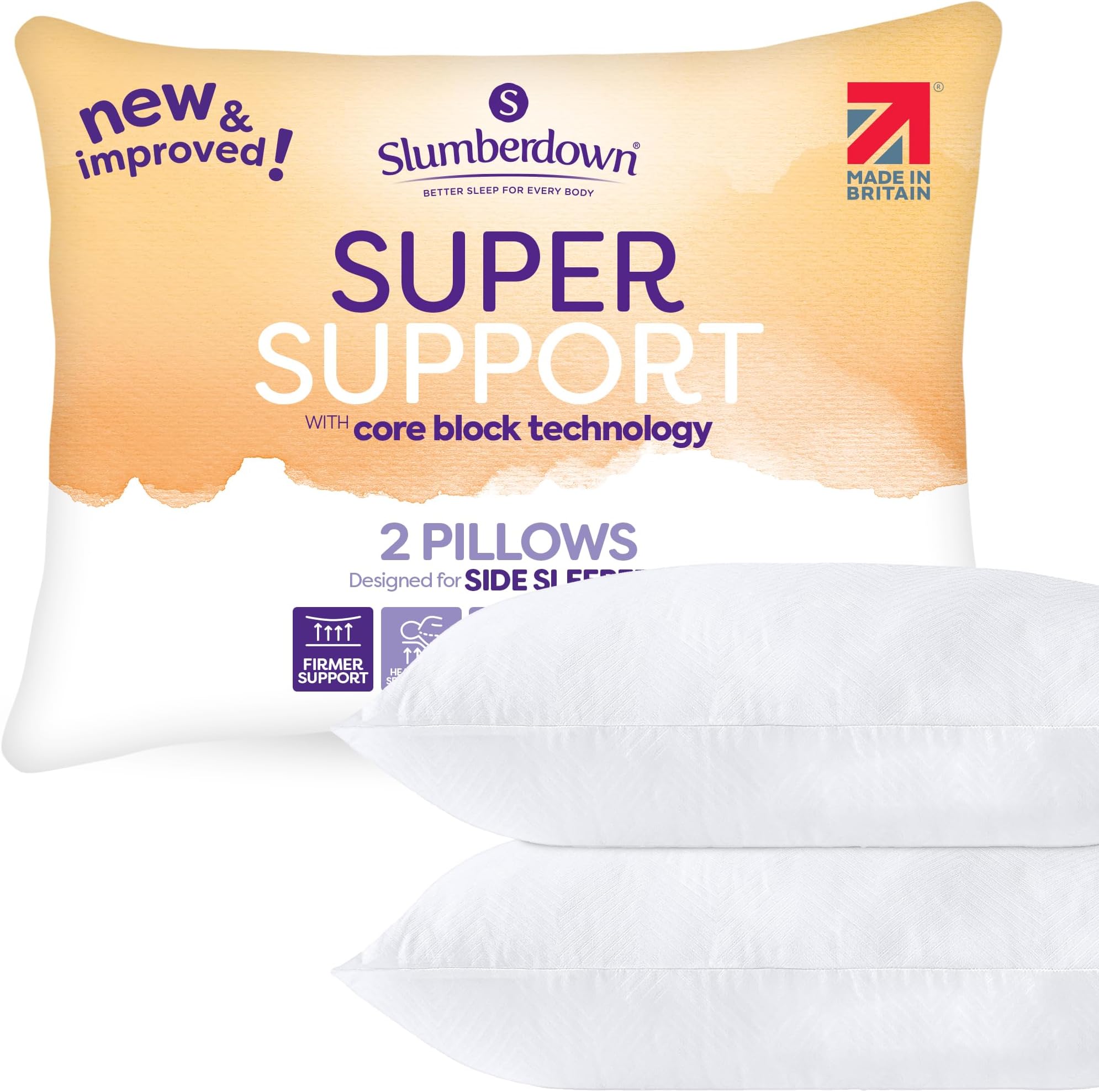 Pillows 2 Pack - Super Support Firm Side Sleeper Bed Pillows for Neck and Shoulder Pain Relief - Comfy & Supportive, Hypoallergenic, Made in the UK, Standard Size (48cm x 74cm)