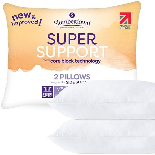 Slumberdown Super Support Pillows 2-Pack - Firm Bed Pillow Neck Back Shoulder Pain Relief Side Sleeper - Hypoallergenic, Comfortable UK Standard Size (48cm x 74cm)