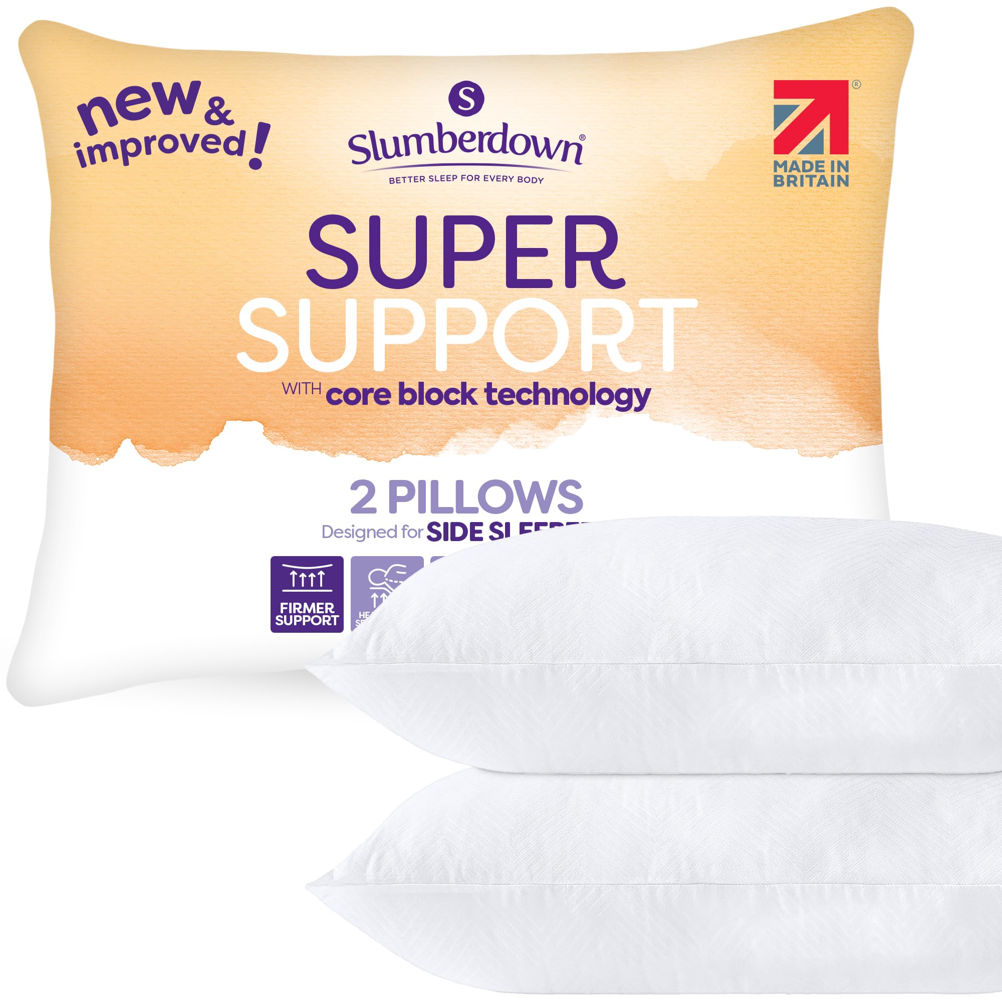 Slumberdown Super Support Pillows 2 Pack - Firm & Supportive Pillow for Side Sleepers, Reduces Neck & Shoulder Pain | Foam Block, UK-Made, Non-Allergenic & Washable (48 x 74cm)OEKO-TEX STANDARD 100