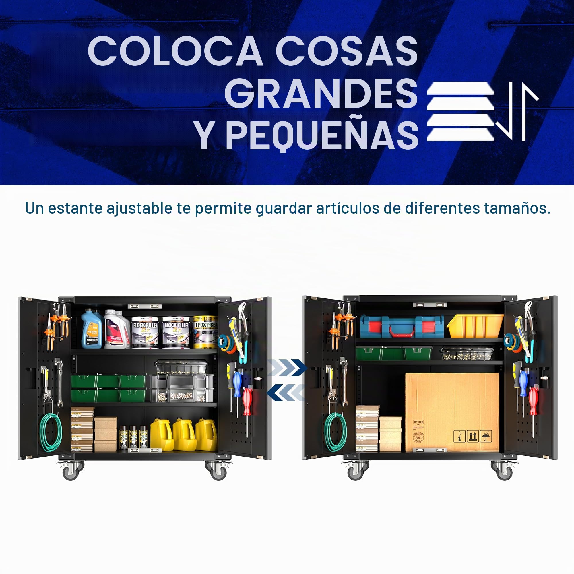 SUPEER Armario de herramientas con ruedas, tablero de clavijas y 4 ganchos, armario de metal con 2 puertas y estantes ajustables, armario de acero, con cerradura para garaje, casa y oficina