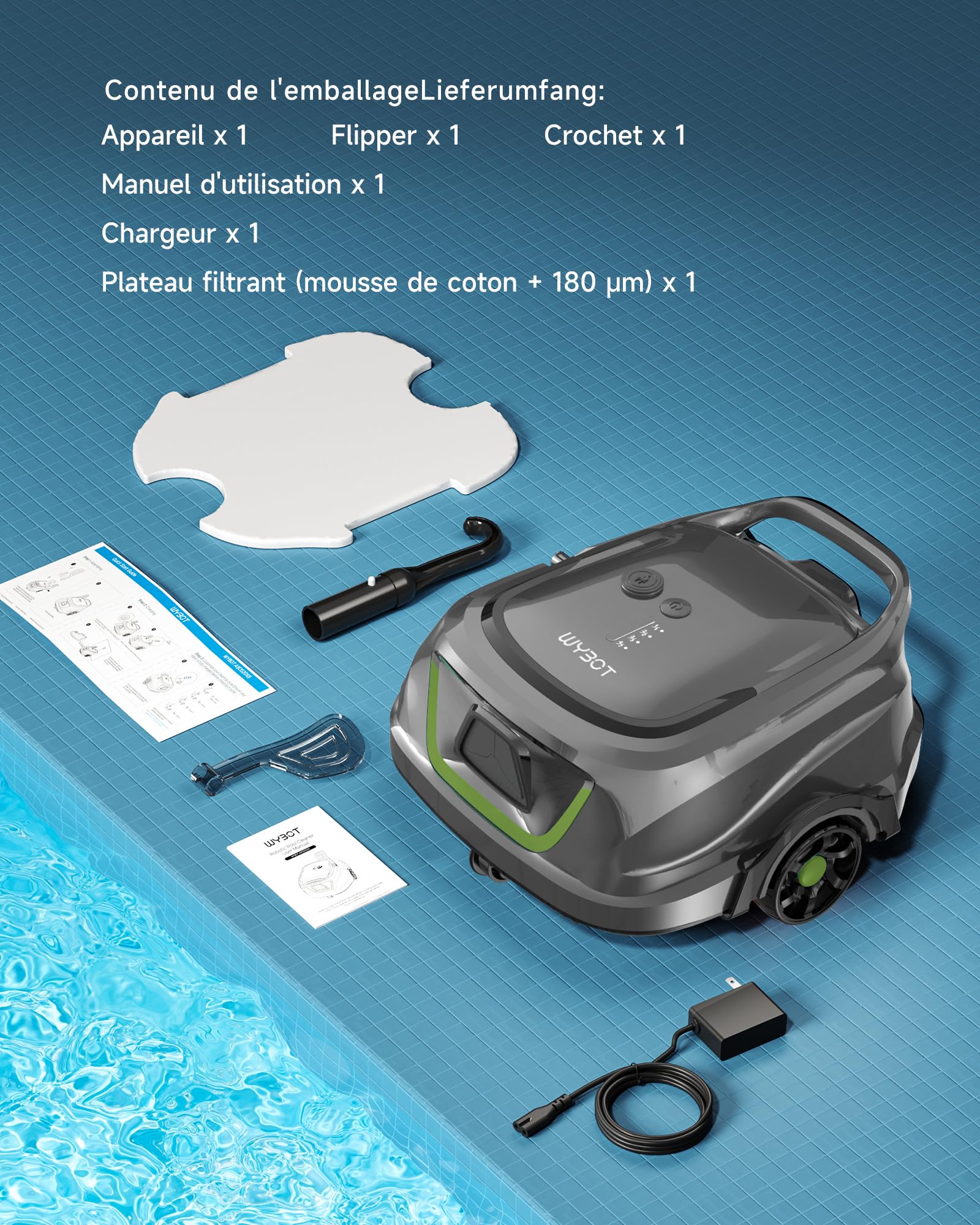 WYBOT A1/OS2010 Robot Piscine sans Fil pour Piscines Hors-Sol, Aspirateur Automatique, Robot Piscine 120 Min Autonomie, Double Filtration, LED, Charge 2.5h, 4 Modes,Vert Sauge