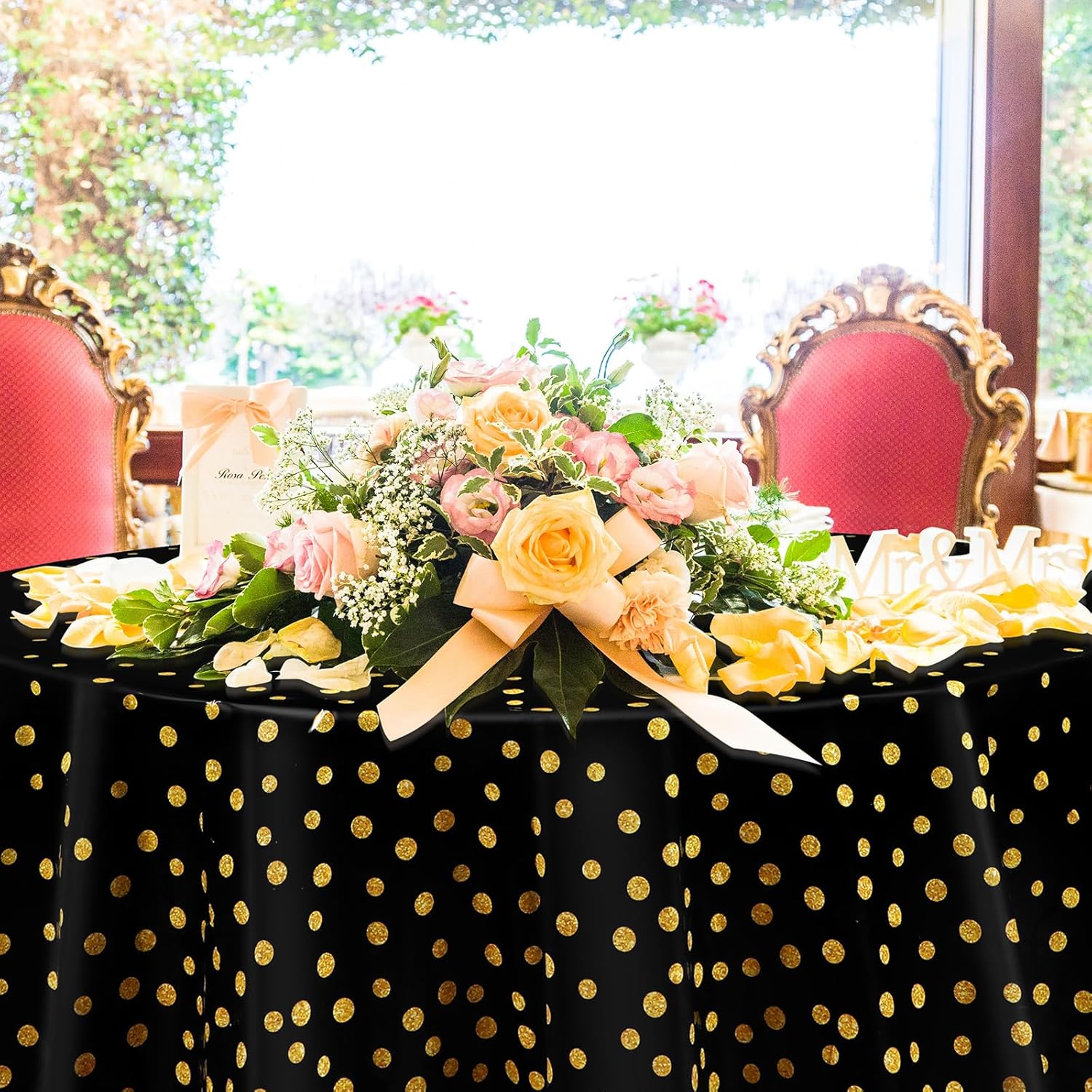 Preboun 8 Sets 84 Inch Polka Dot Round Plastic Tablecloths Table Cover with Satin Table Runner for Wedding Easter Graduation Prom Spring Birthday Party Decor (Black,Gold)