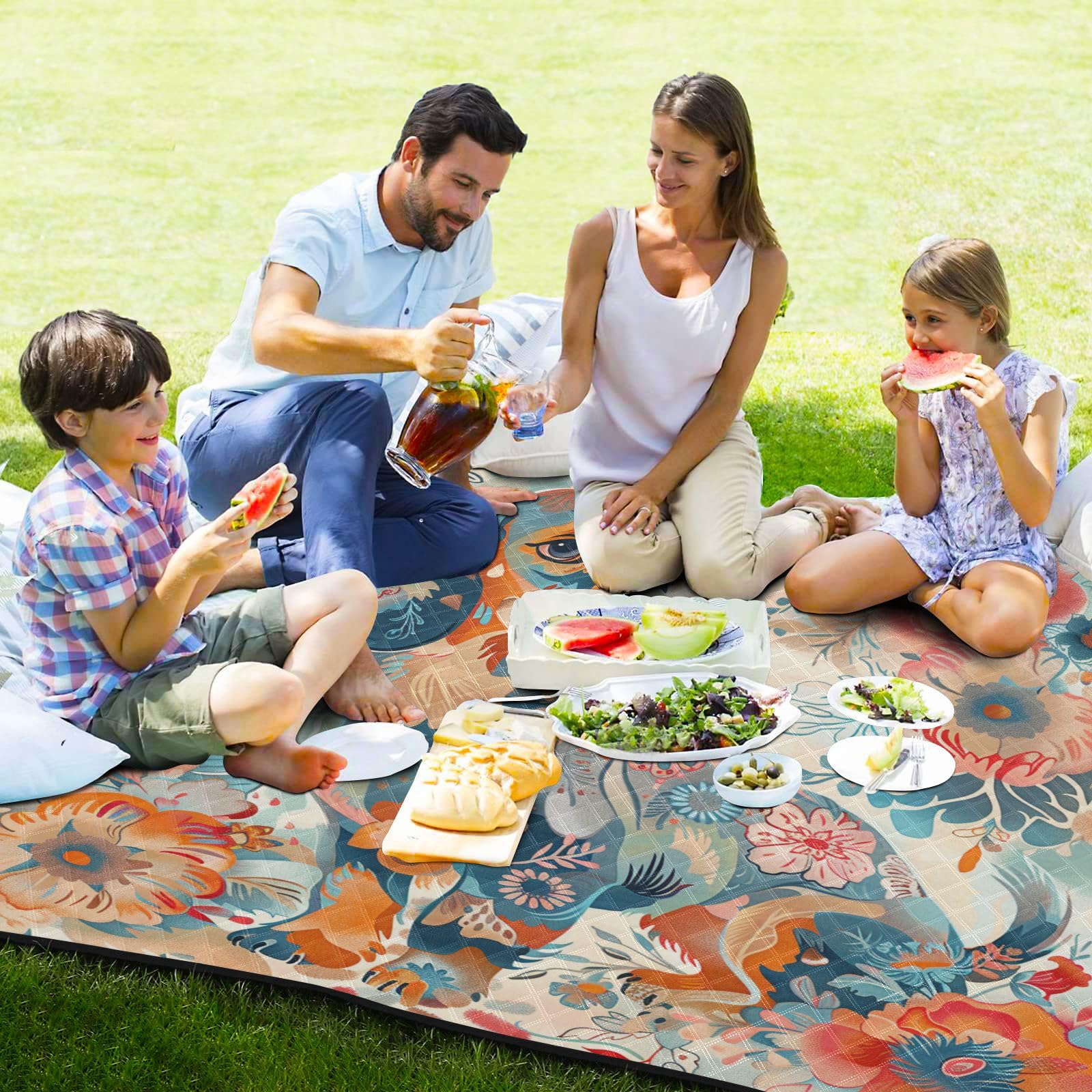 Styl boho kwiat pomarańczowy pies duży koc plażowy odporny na piasek impreza na zewnątrz mata do zabawy dla ziemi