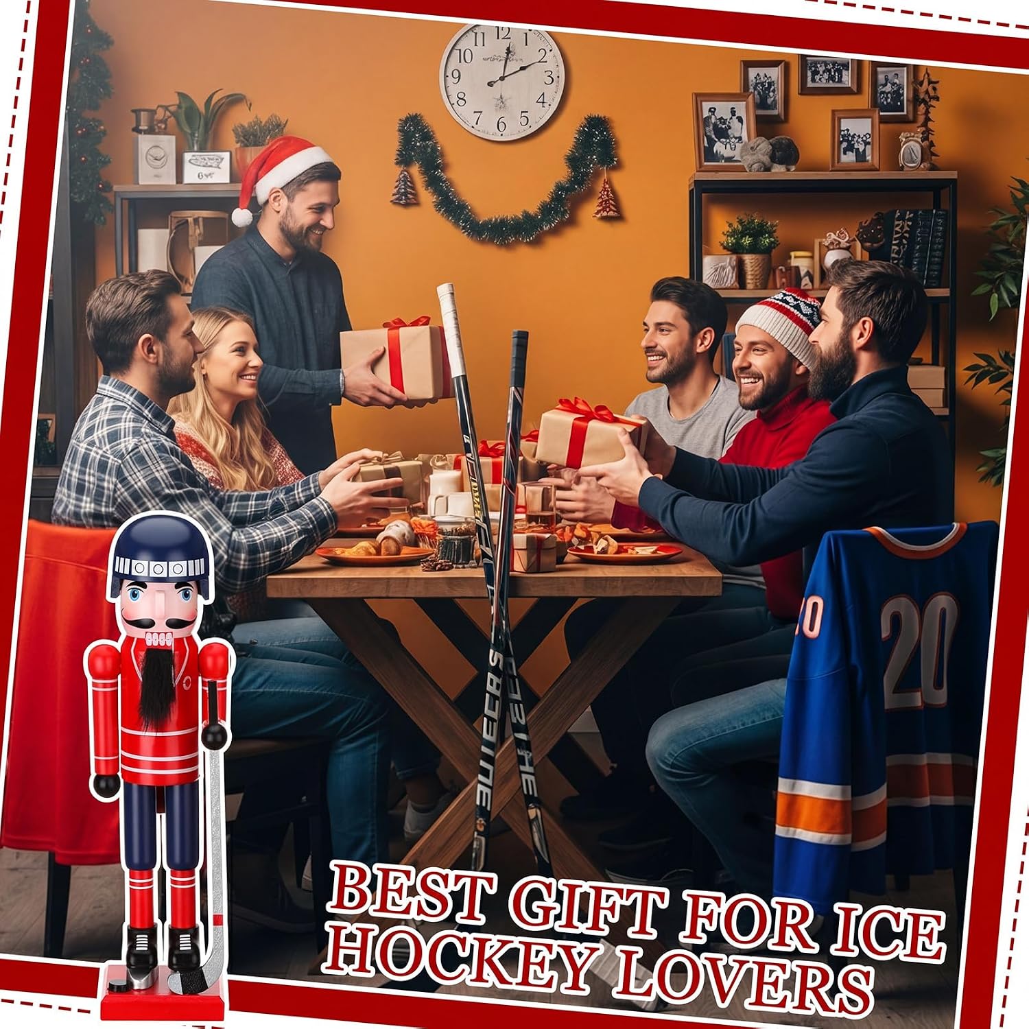 Christmas Nutcracker Figure Ice Hockey Player Nutcracker 14" Blue and Red Wooden Sports Table Sign Keepsake for Winter Sports Enthusiast Festive Christmas Decor Tray Shelves Mantel Tabletop