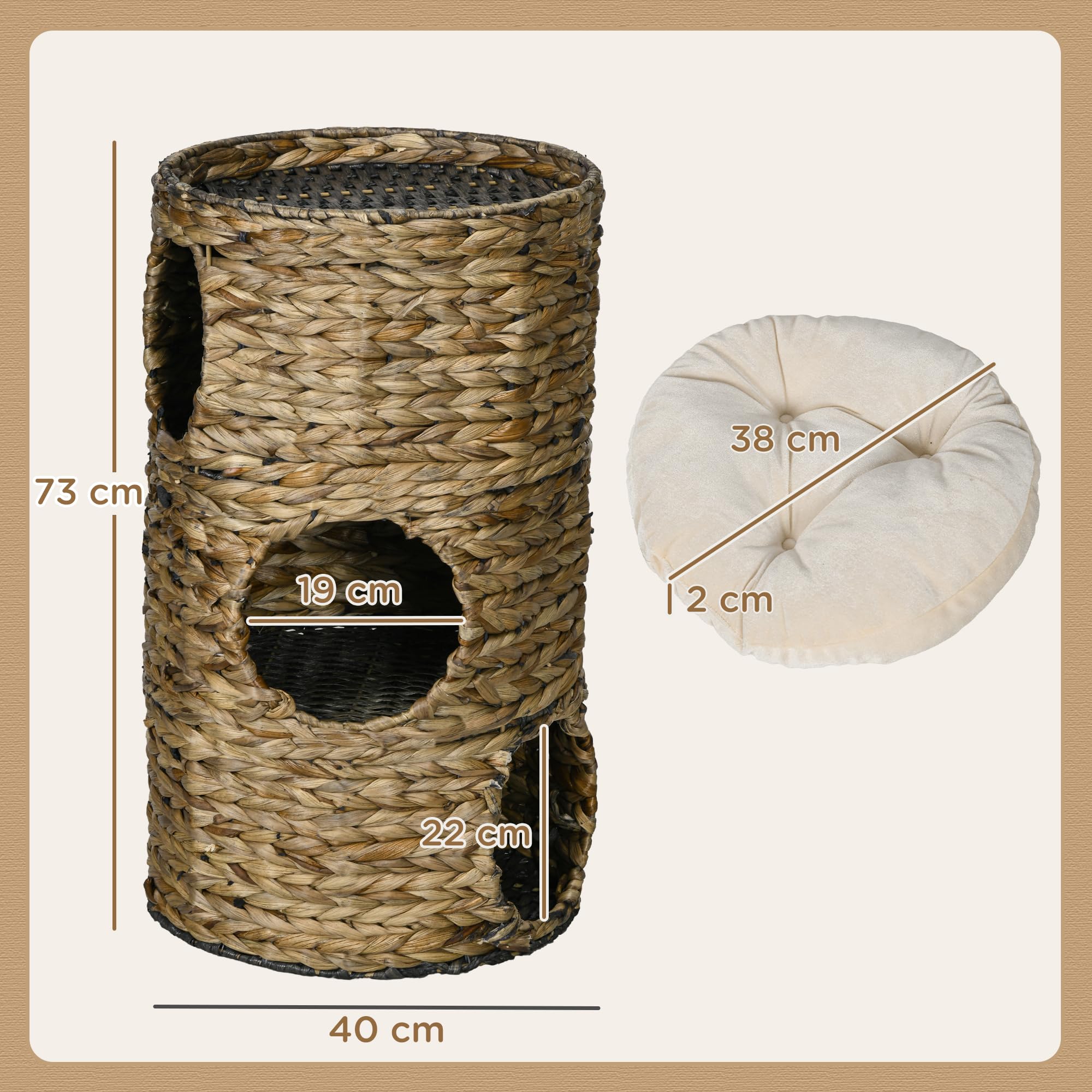 PawHut Barril rascador de 73 cm de Alto con 3 Cuevas, cojín, rascador con Cama para Gatos, Torre de Jacinto de Agua, Color marrón Oscuro