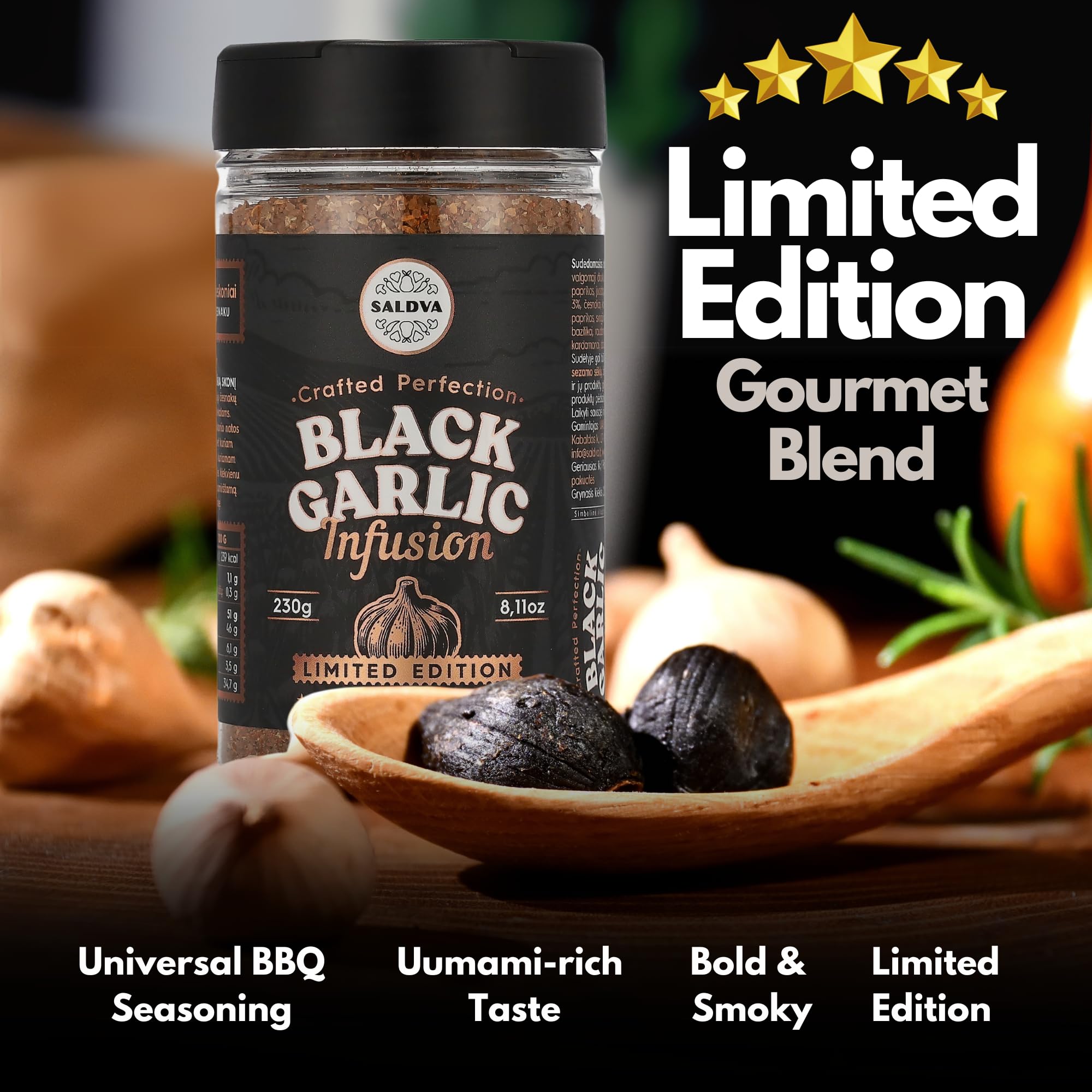 Assaisonnement barbecue à l'ail noir de qualité supérieure – Édition limitée – Saveur umami riche – Mélange d'épices audacieux et fumé – Grand pot (230 g) - 3